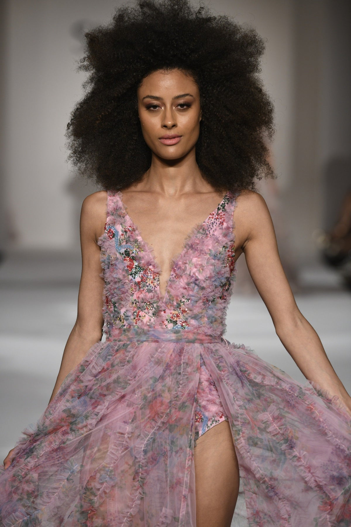 Sherri Hill 55622 floral bodysuit with tulle overskirt in lavender print