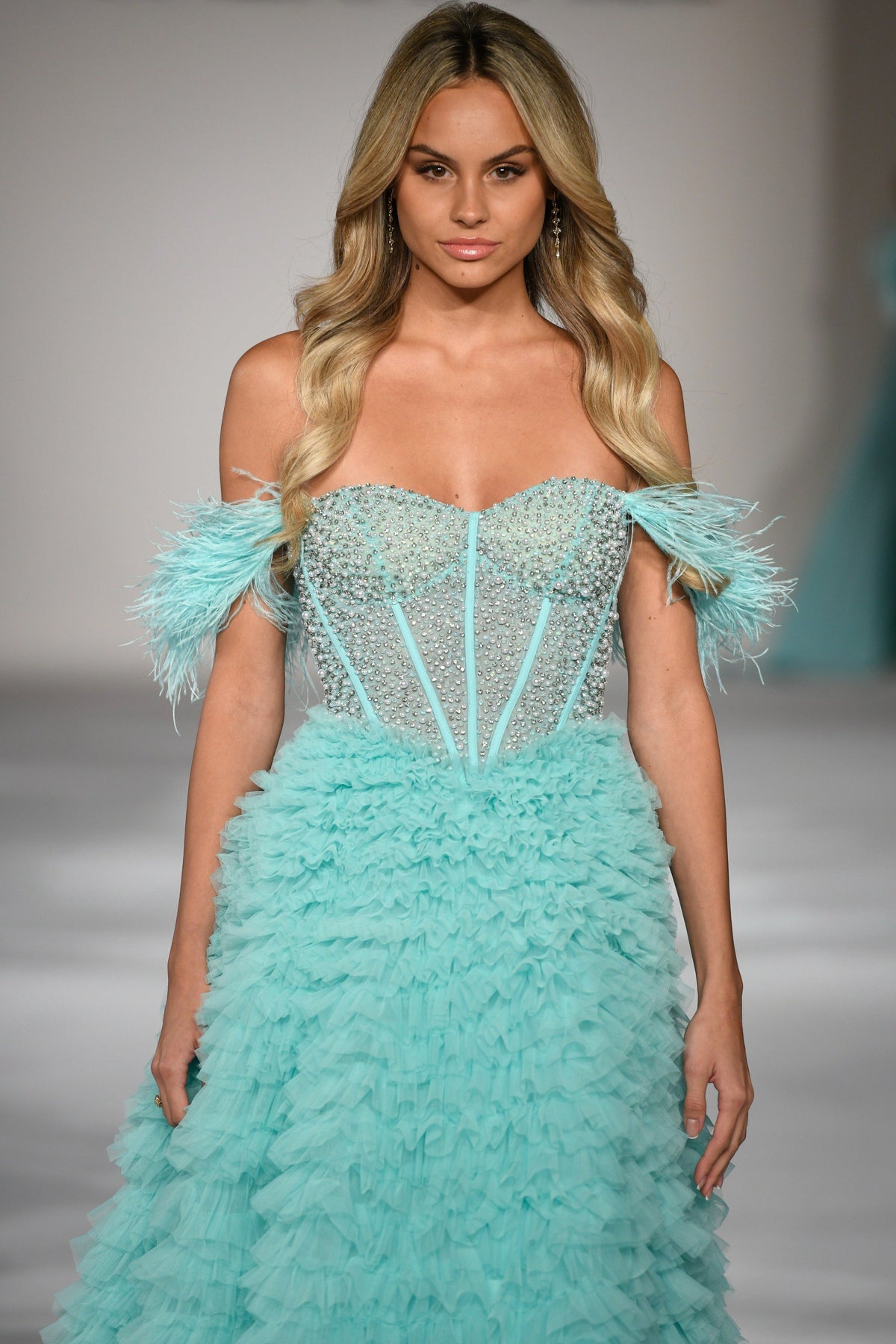Sherri Hill 55387 ruffled skirt ballgown in aqua