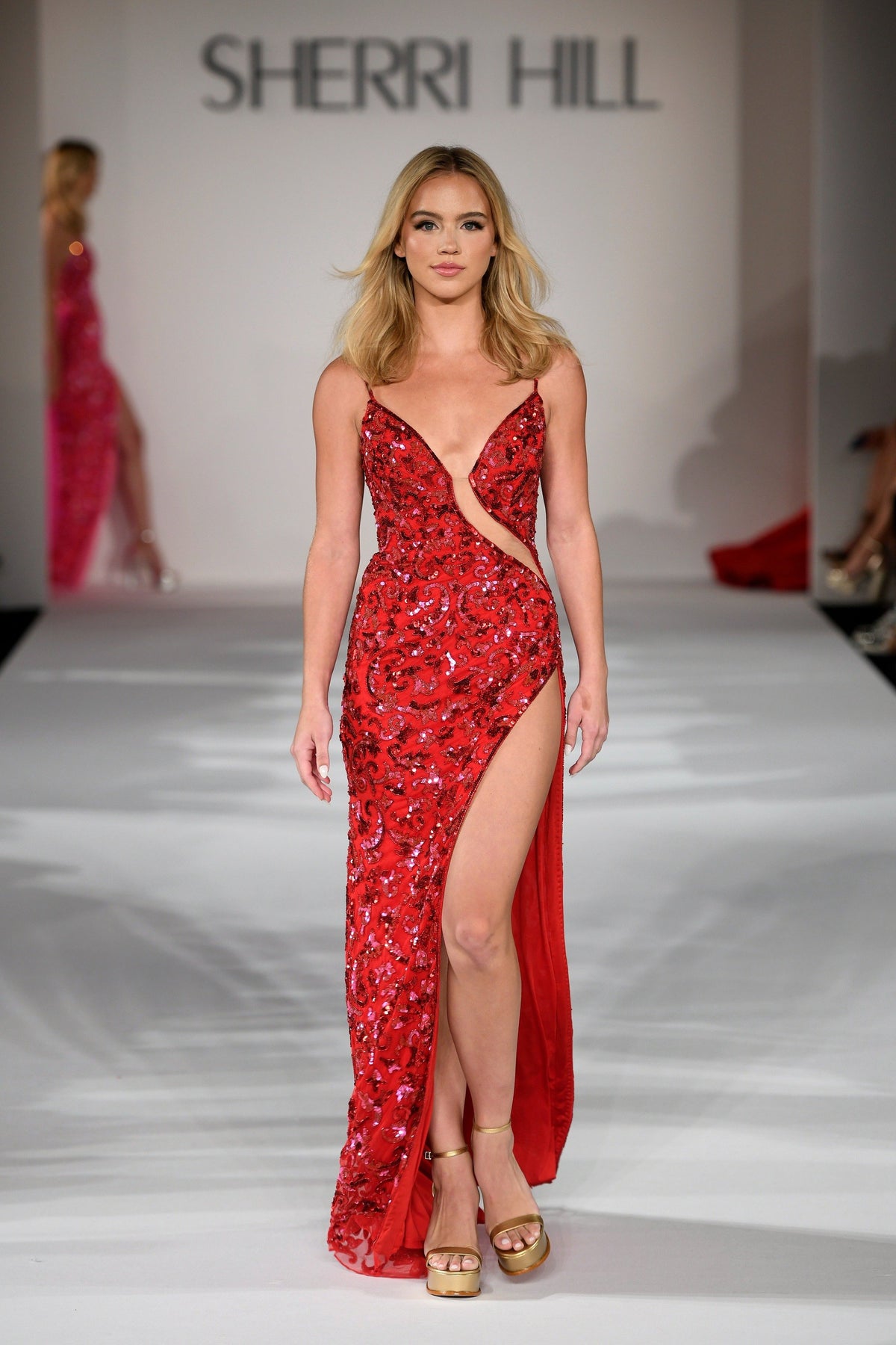 Sherri Hill 55458 sequin embellished gown in red with neon pink