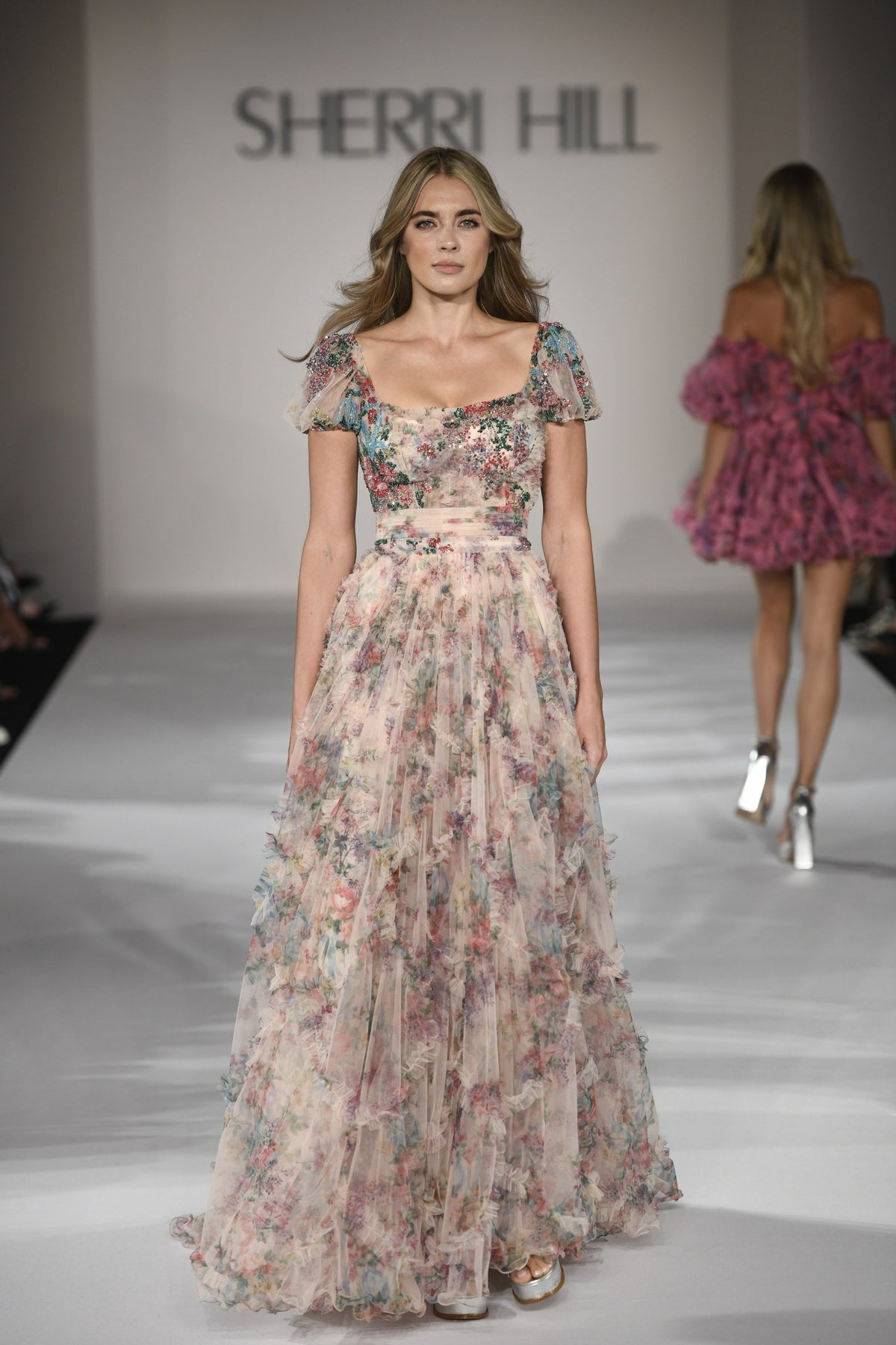 Sherri Hill 55560 tulle floral print gown in blush print