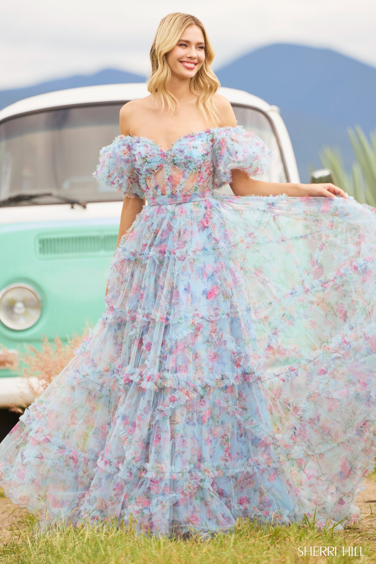 Sherri Hill 55541 tulle floral print gown