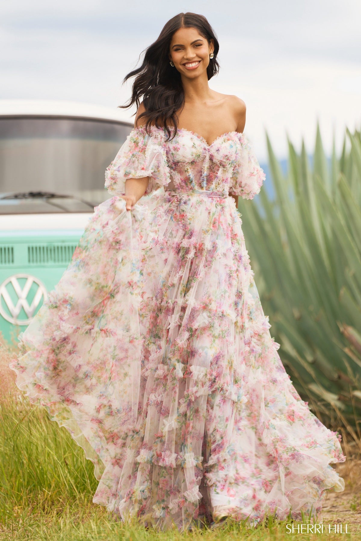 Sherri Hill 55541 tulle floral print gown in ivory print