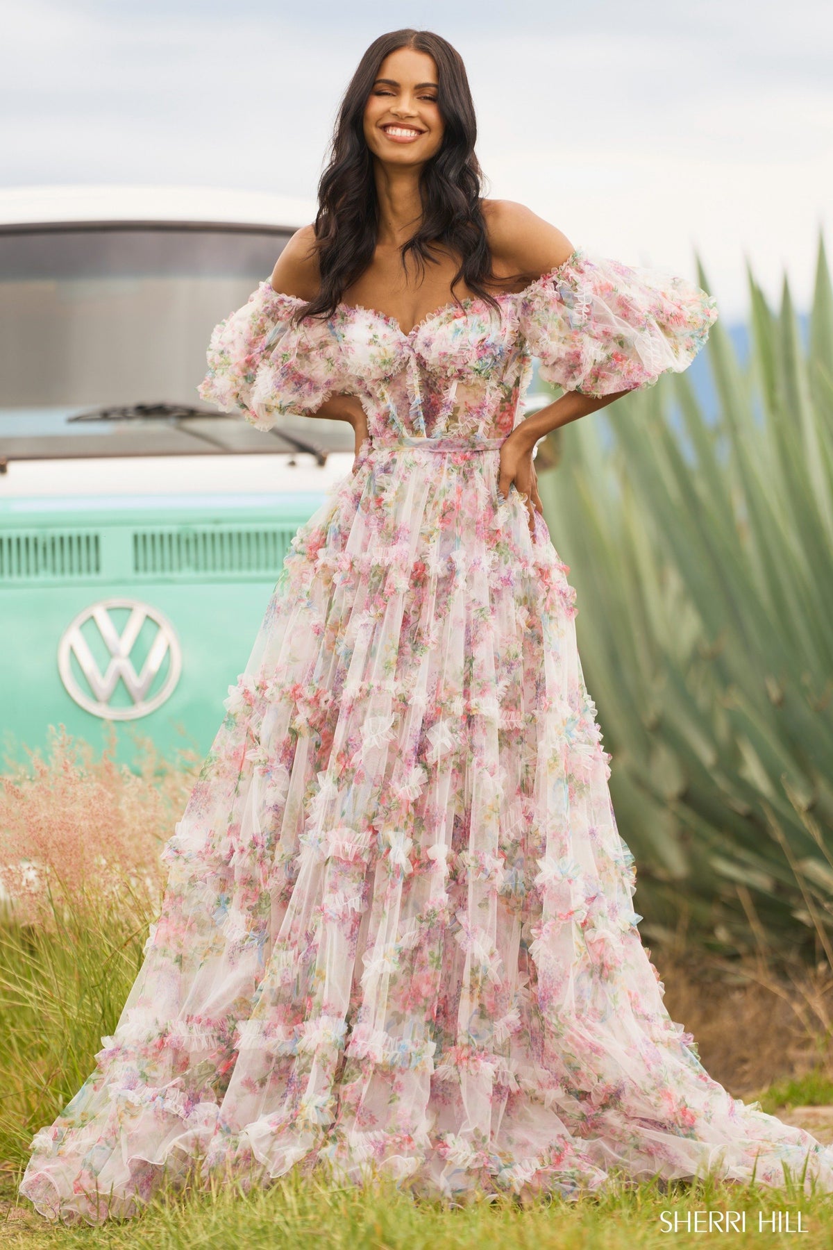 Sherri Hill 55541 tulle floral print gown