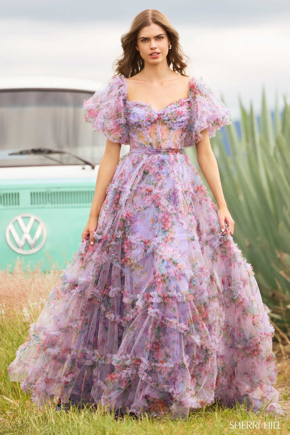 Sherri Hill 55541 tulle floral print gown