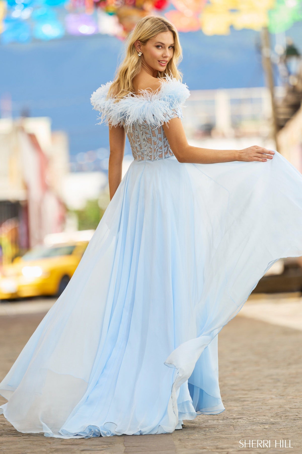 Sherri Hill 55546 leaf lace A-line chiffon gown