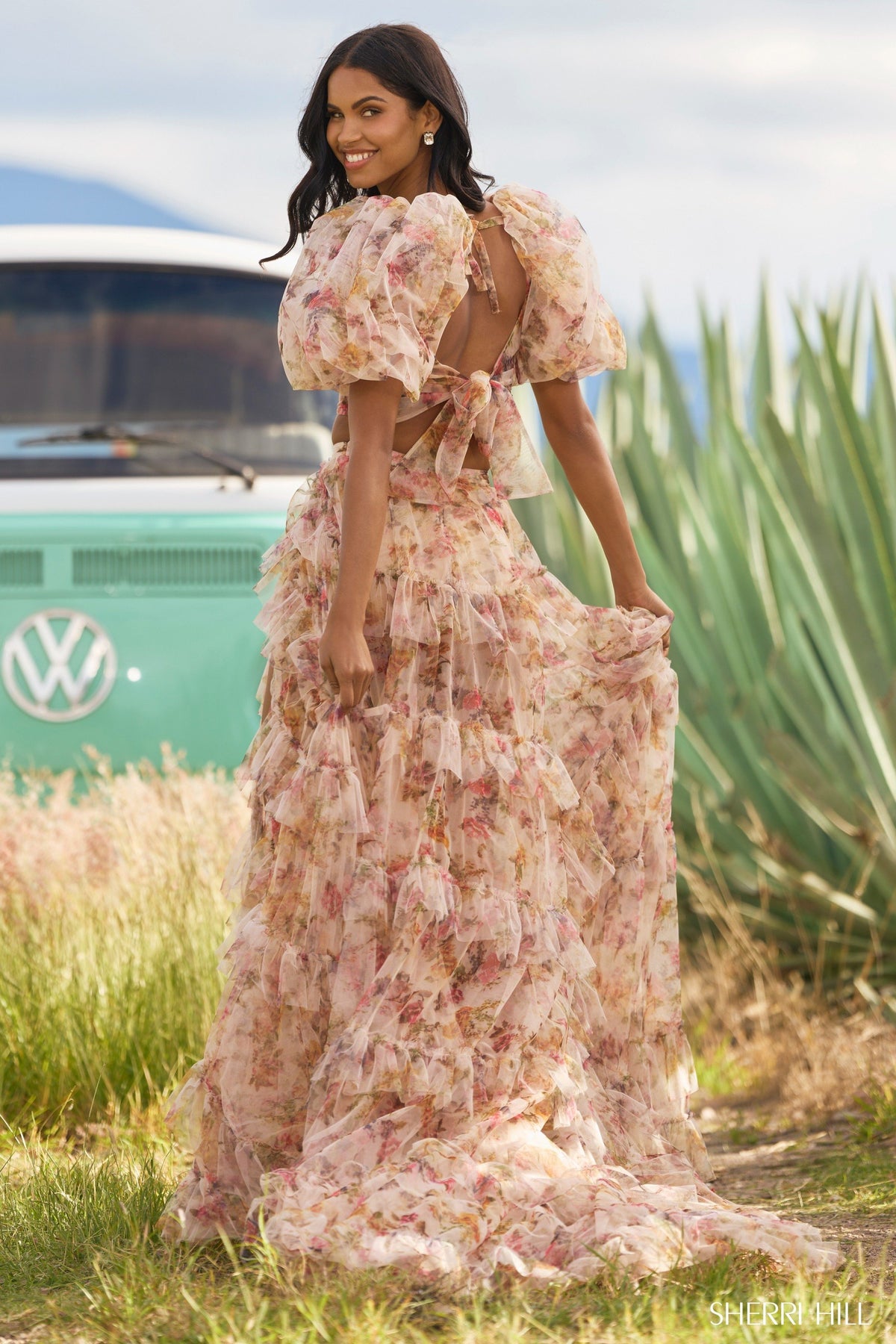 Sherri Hill 55547 tulle floral print two-piece gown