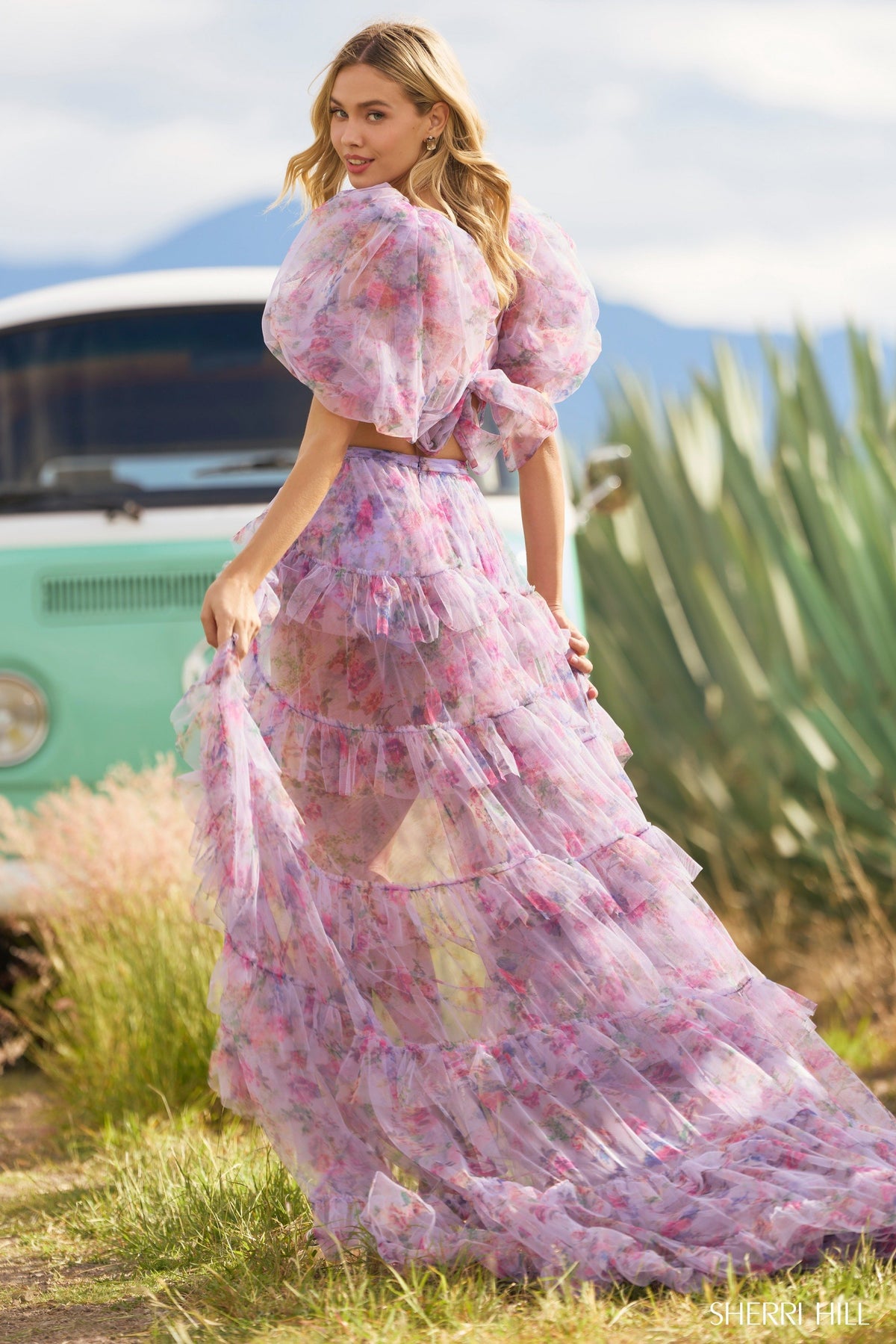 Sherri Hill 55547 tulle floral print two-piece gown