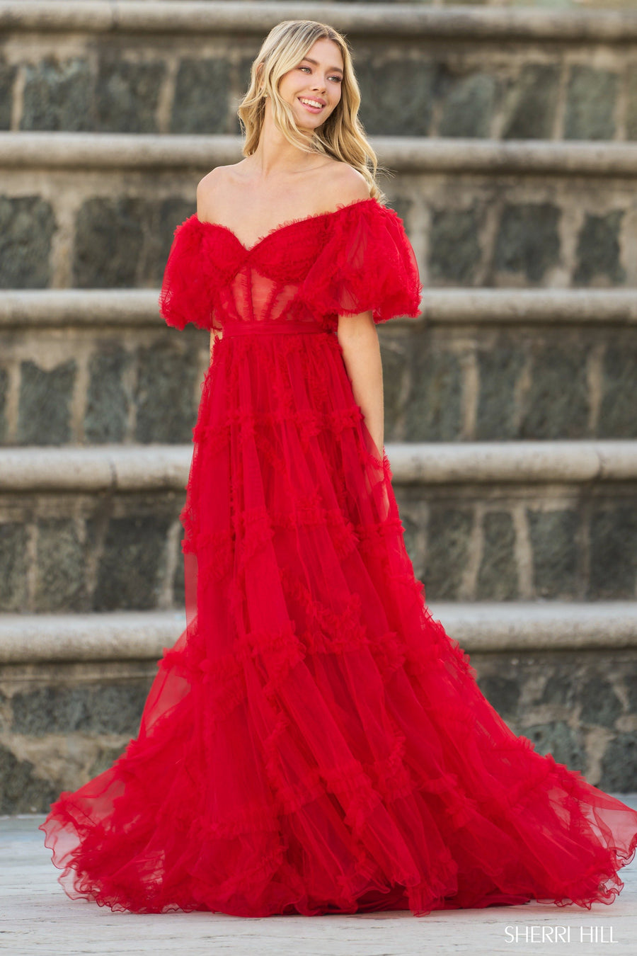 Sherri Hill style 55558 in red, Tulle Gown
