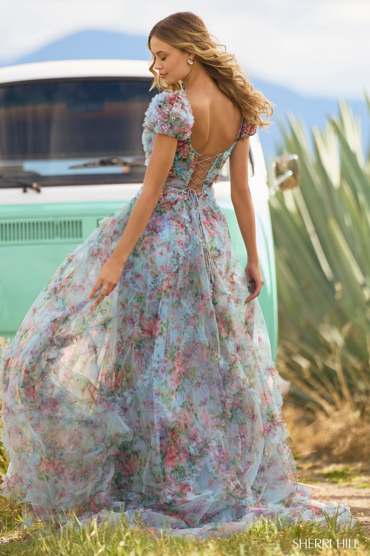 Sherri Hill 55560 tulle floral print gown