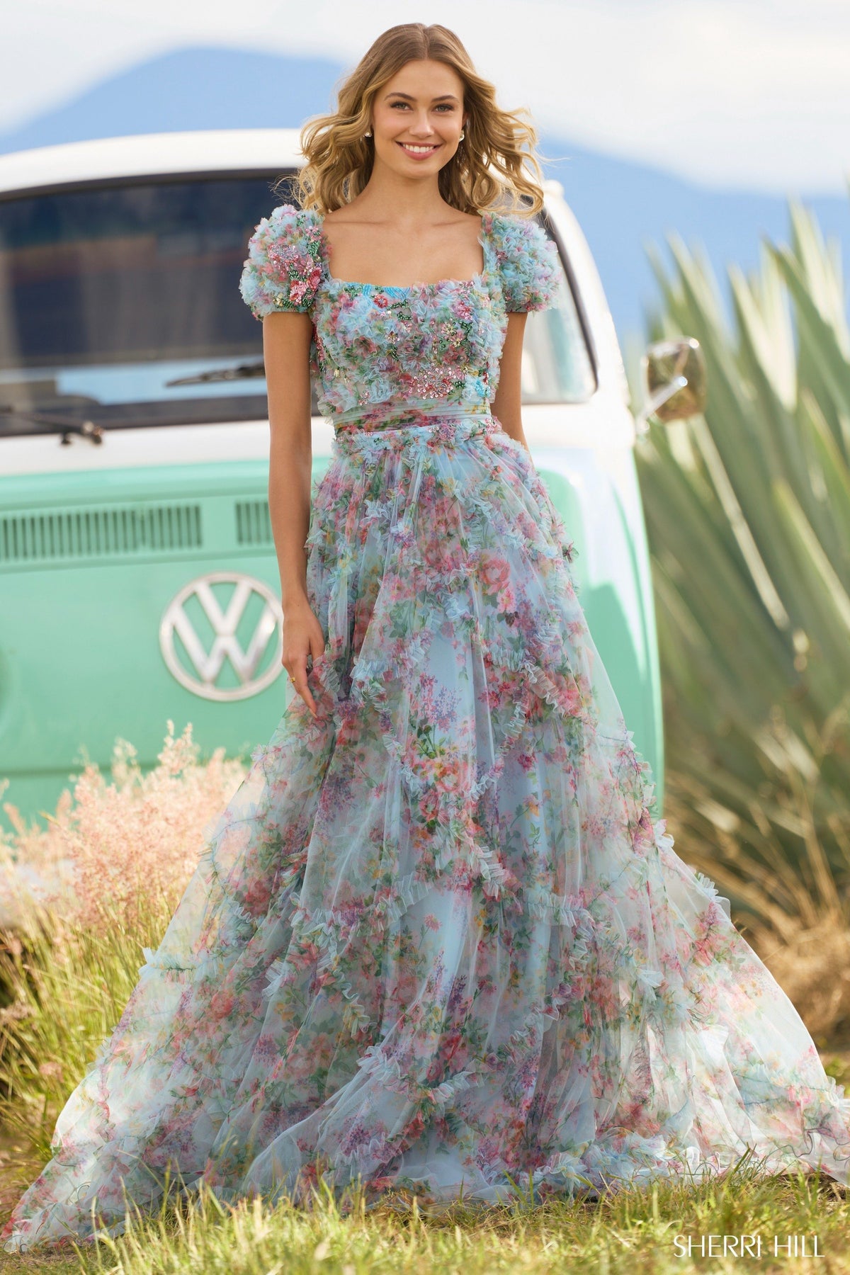 Sherri Hill 55560 tulle floral print gown in light blue print
