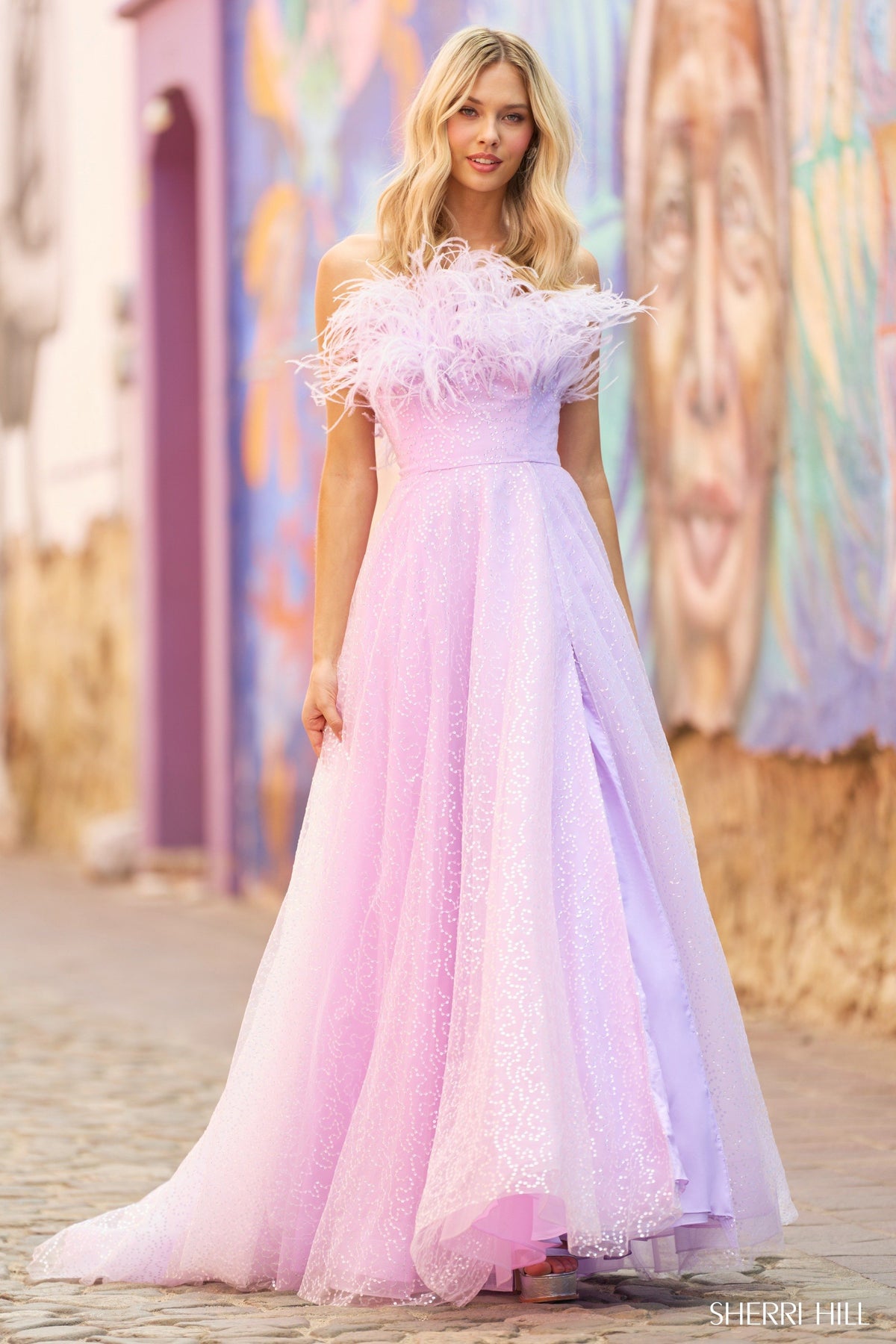 Sherri Hill 55590 strapless sequin tulle chiffon A-line gown
