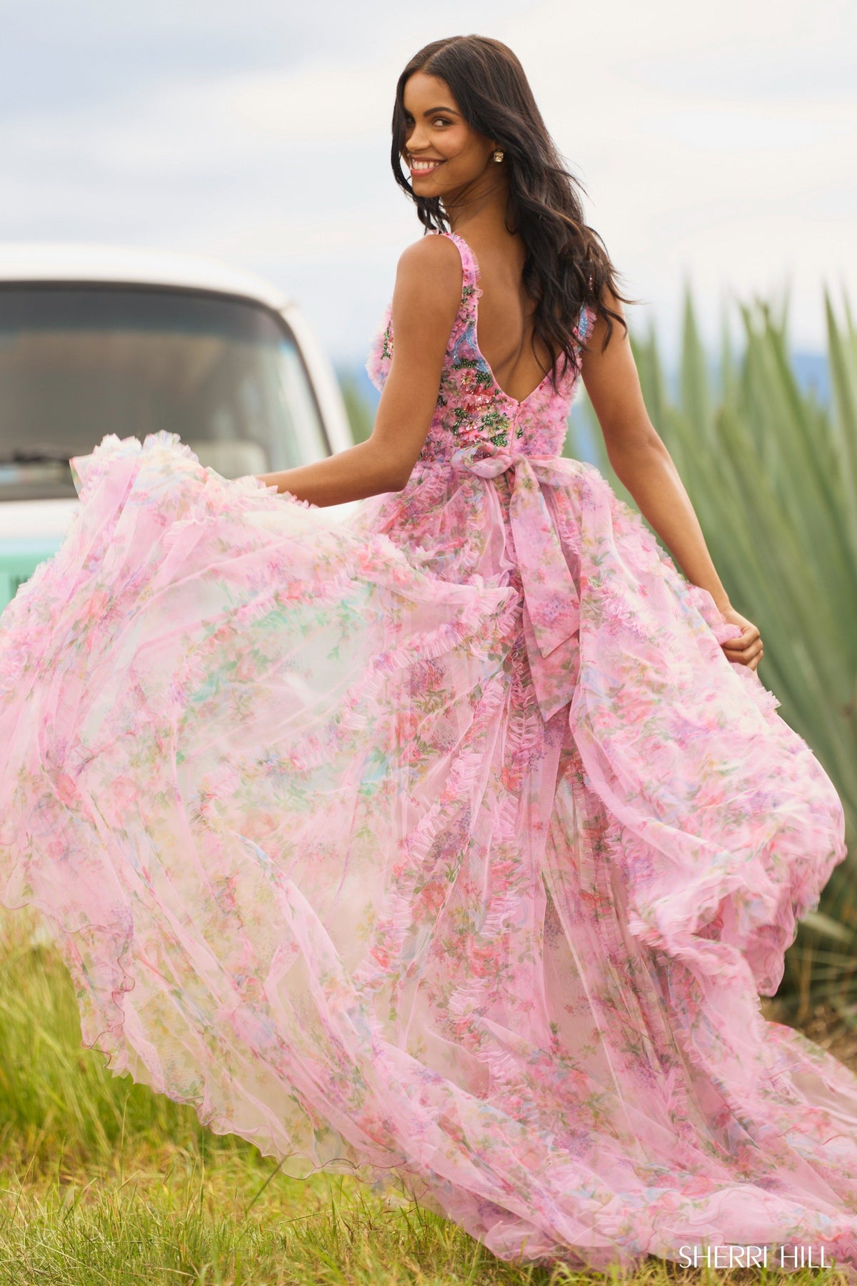 Sherri Hill 55622 floral bodysuit with tulle overskirt