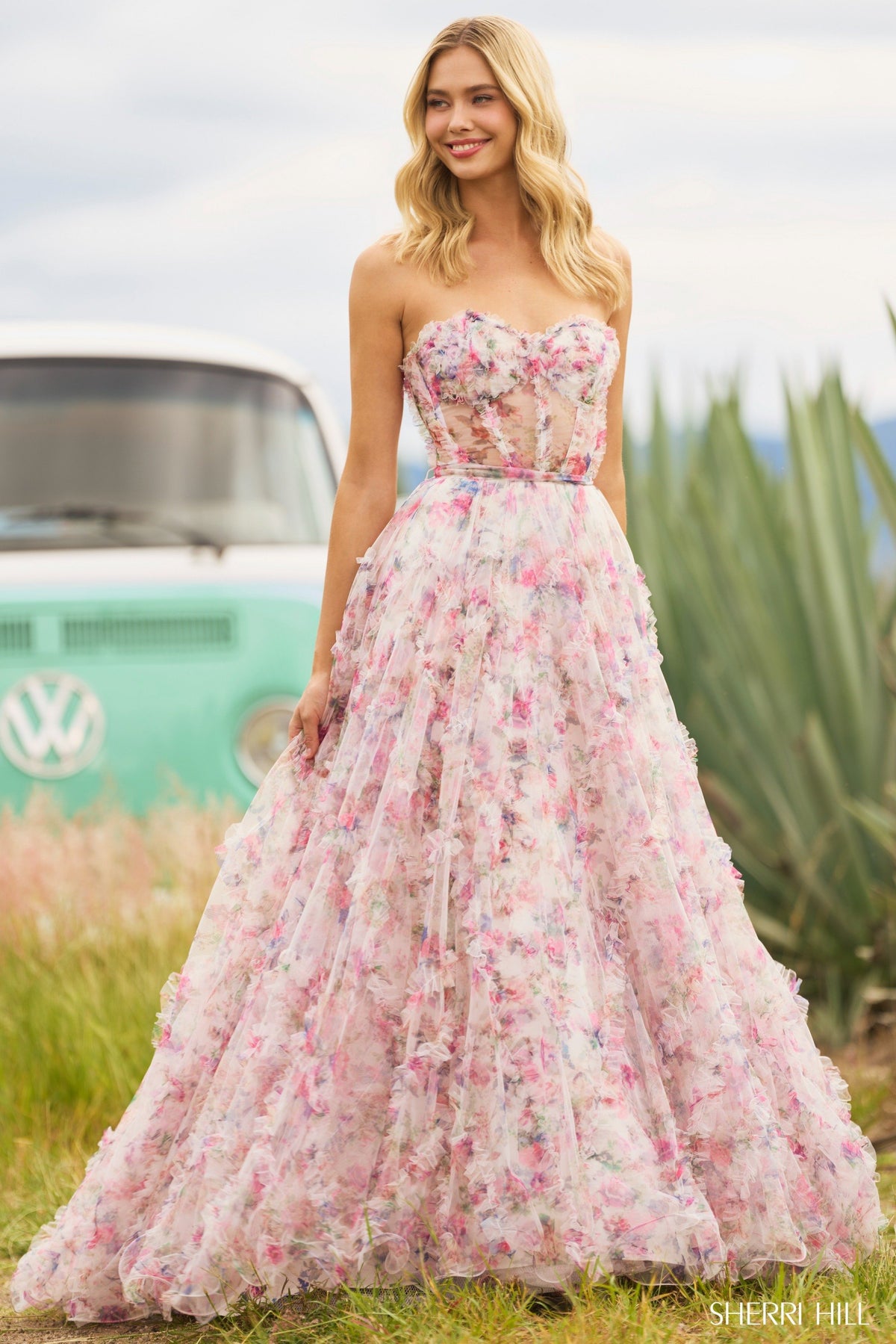 Sherri Hill 55623 strapless floral tulle print ball gown