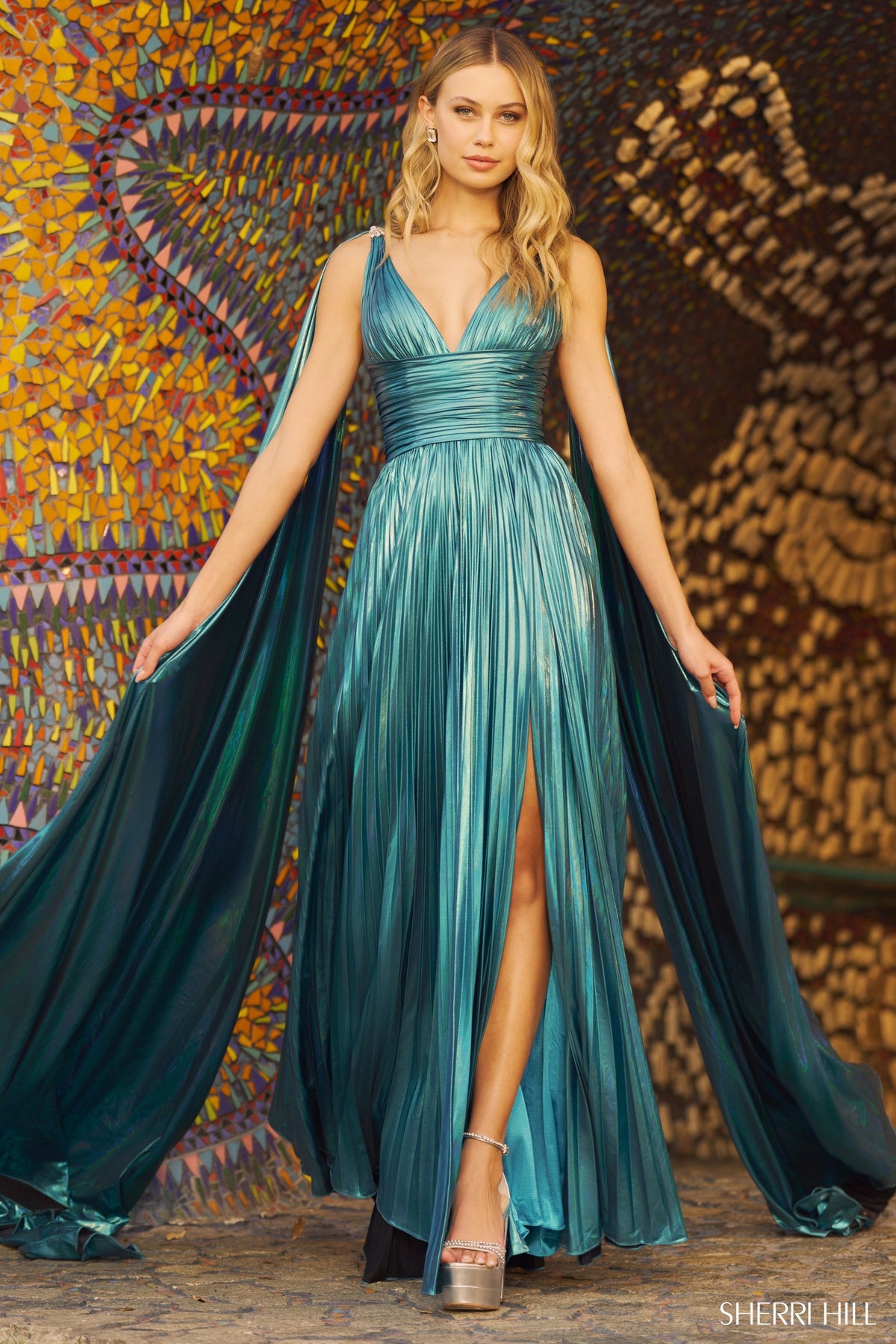 Sherri Hill 55780 rich metallic pleated A-line gown in malachite blue