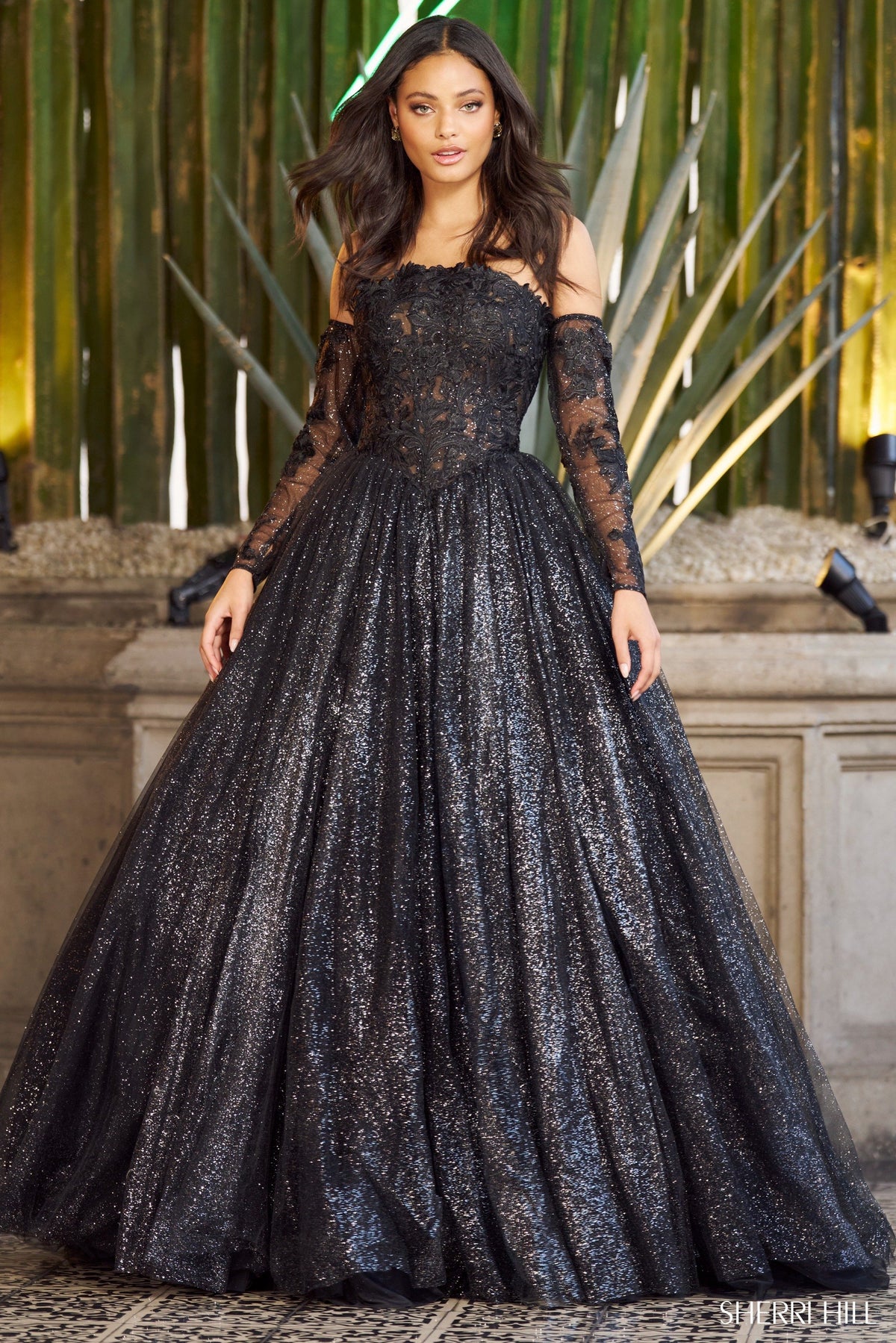 Sherri Hill 55741 lace corset strapless ball gown in black