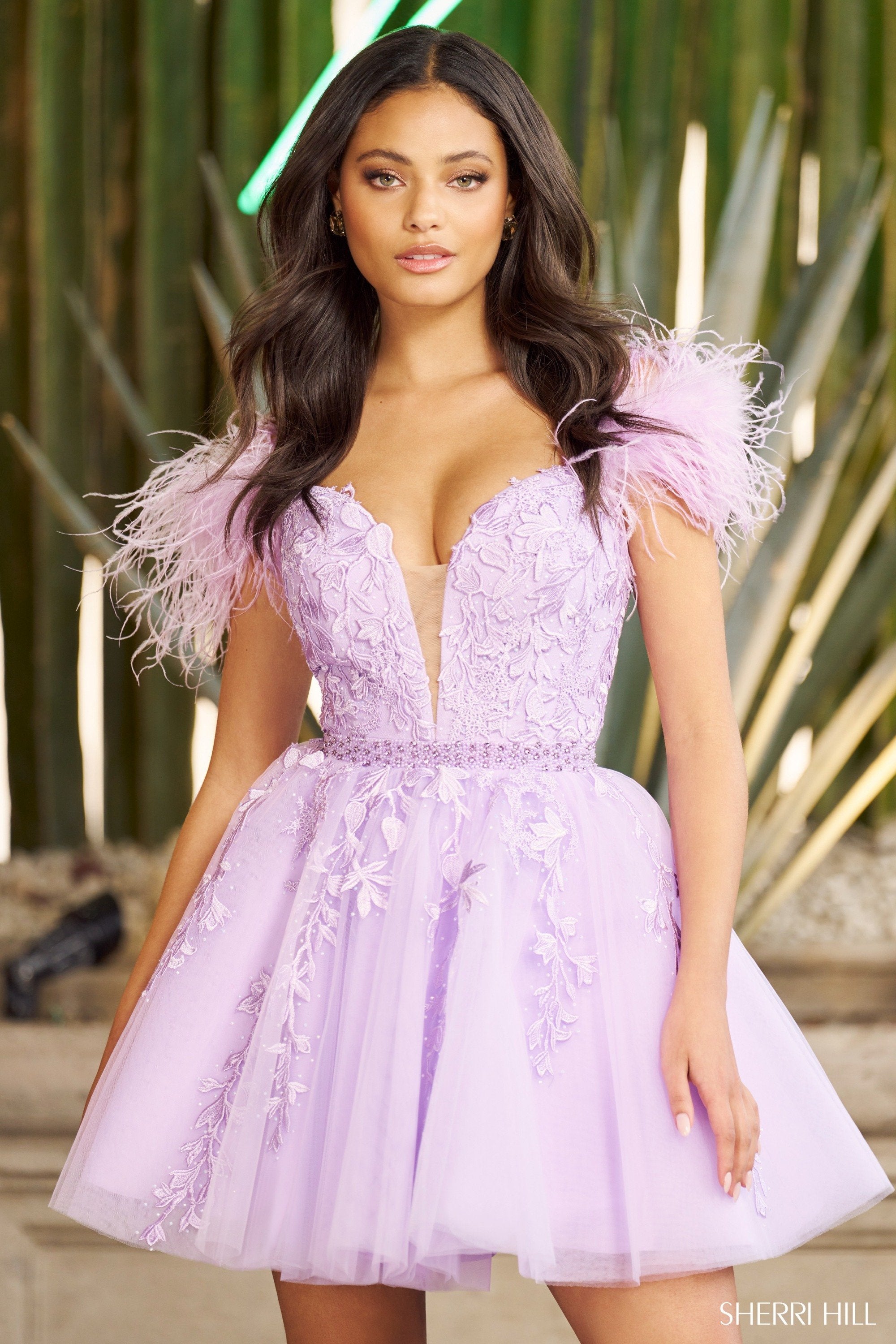 ディオール薄紫色 フリル付きパーティードレス Sherri Hill 55656 | Lace Bodice Tulle Skirt Gown