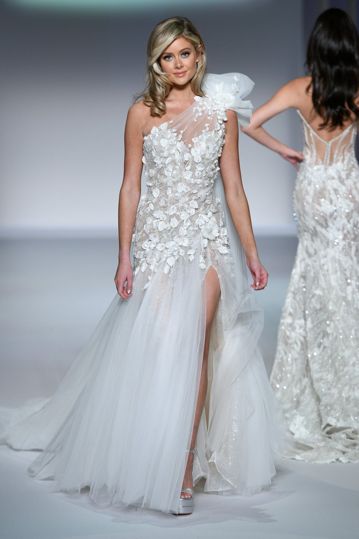 Sherri Hill 81085 one-shoulder 3D floral wedding dress with slit