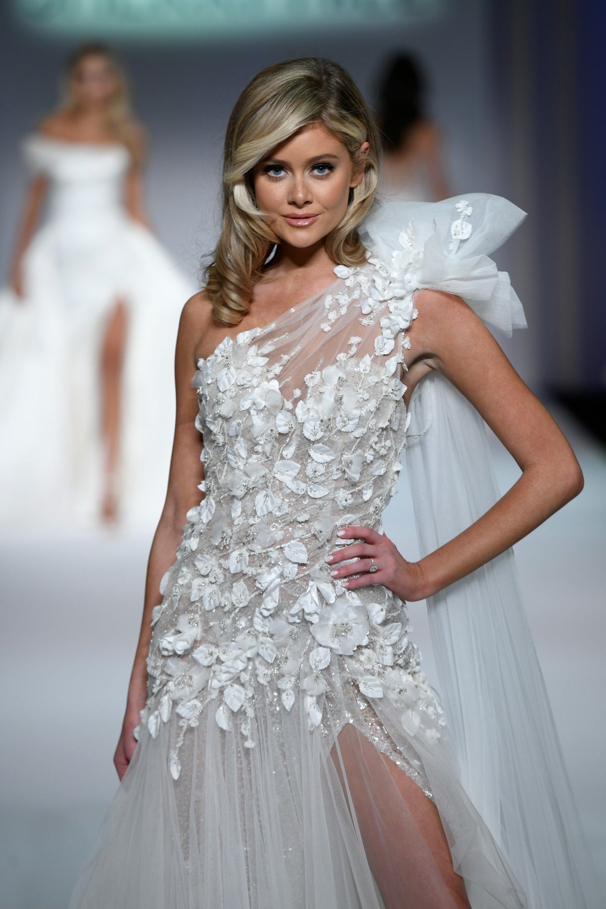 Sherri Hill 81085 one-shoulder 3D floral wedding dress with slit