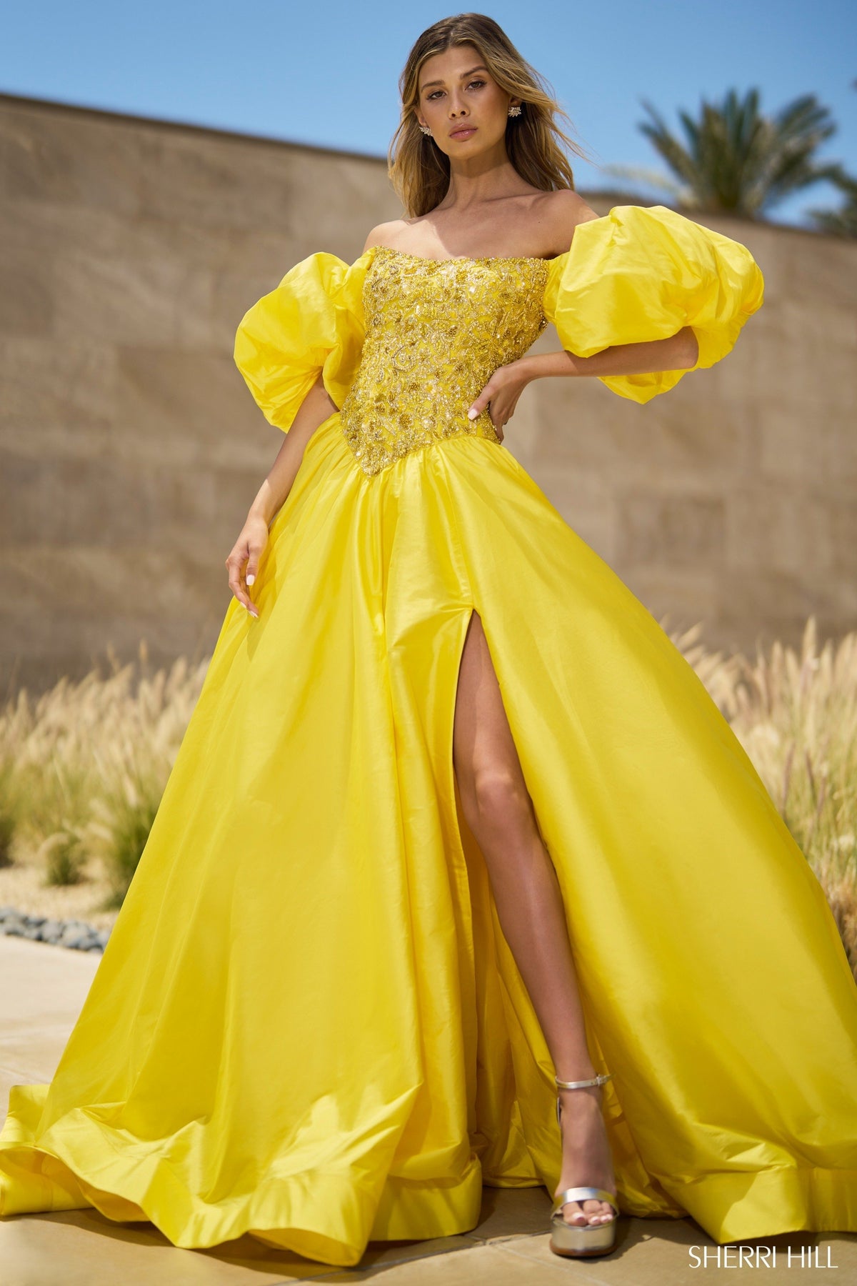 Sherri Hill 55641 taffeta ball gown in bright yellow
