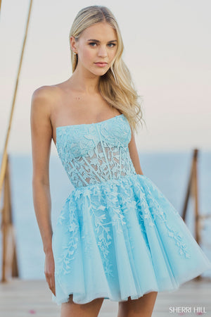 sherri hill blue and white dress short Sherri Hill Short Blue Print Ruffle Homecoming Dress 57295 Ivory/Blue Print / 24