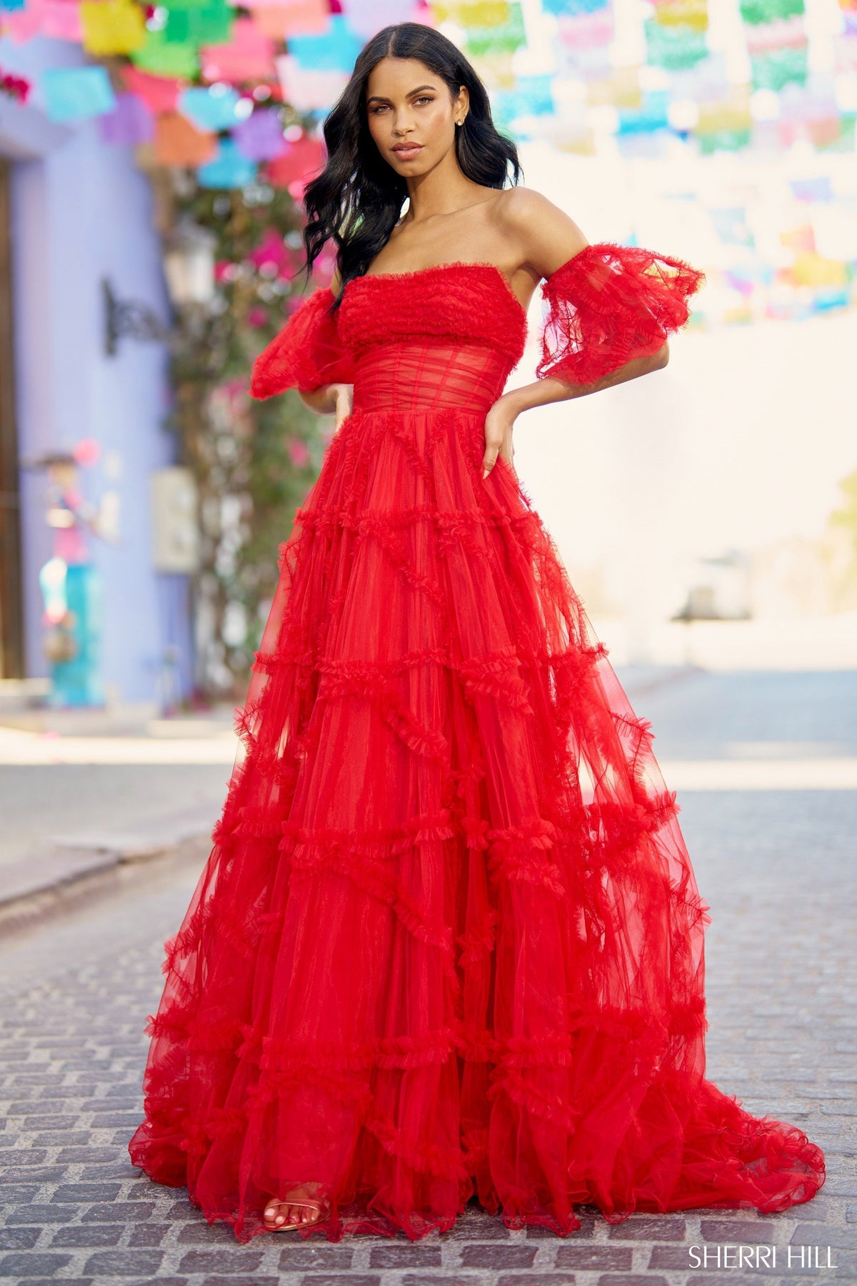 Sherri Hill 55840 strapless tulle gown in red