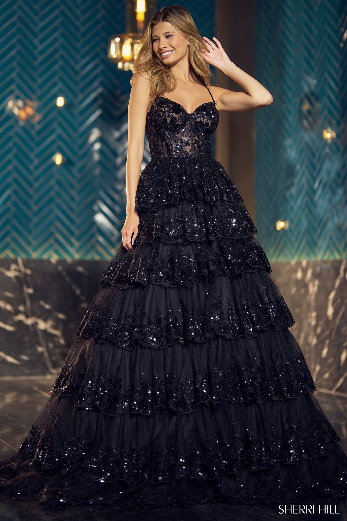 Sherri Hill 55925 tulle sequin A-line ballgown in black