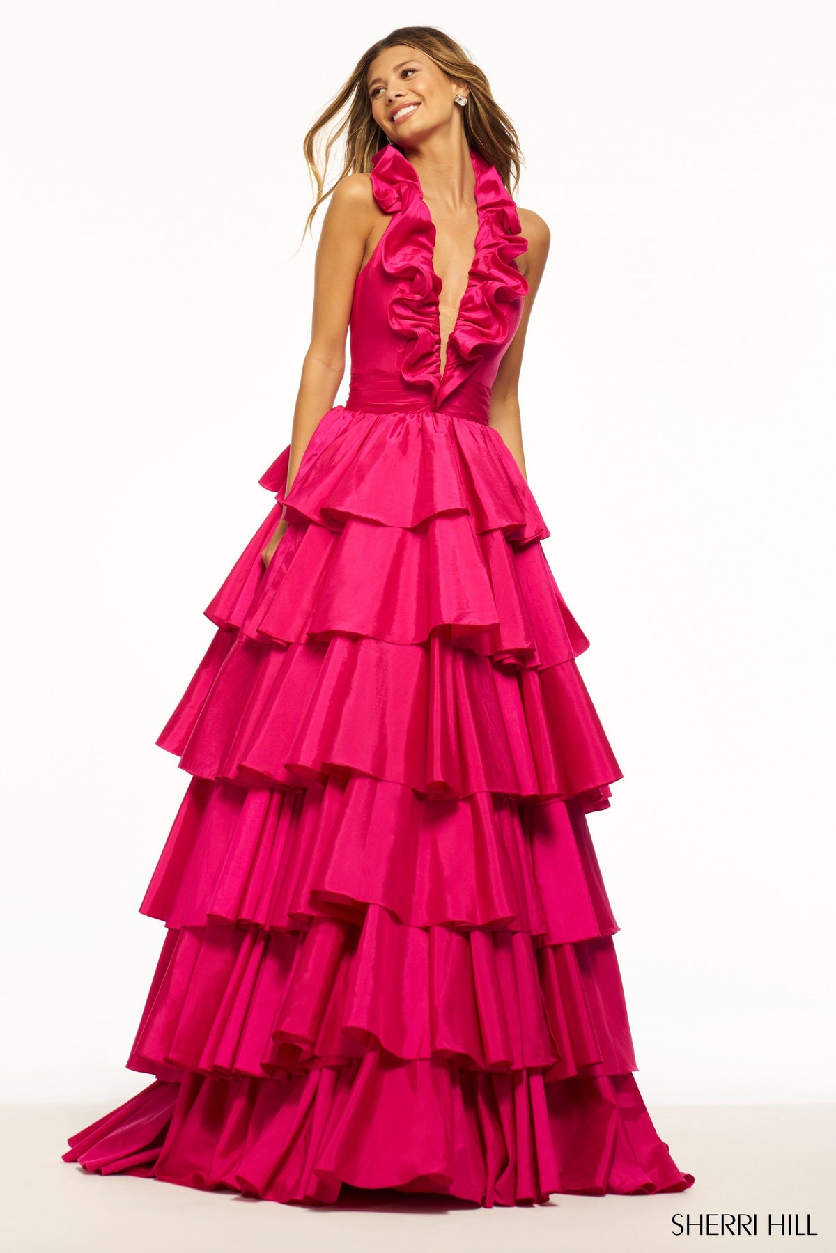 Sherri Hill 56013 taffeta ruffle halter ball gown in bright fuchsia