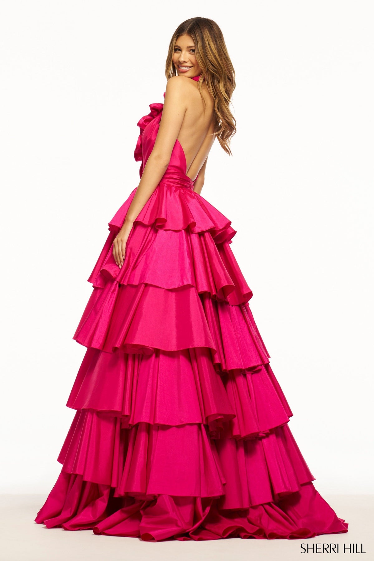 Sherri Hill 56013 taffeta ruffle halter ball gown