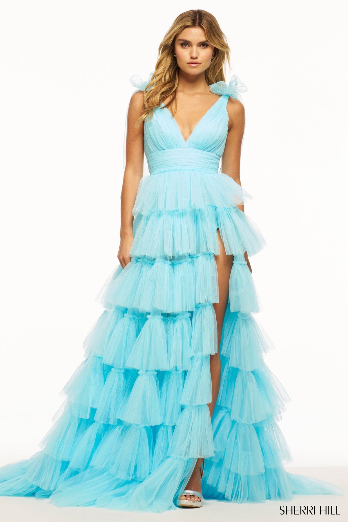 Sherri Hill 56066 tulle ruffle ballgown in light blue