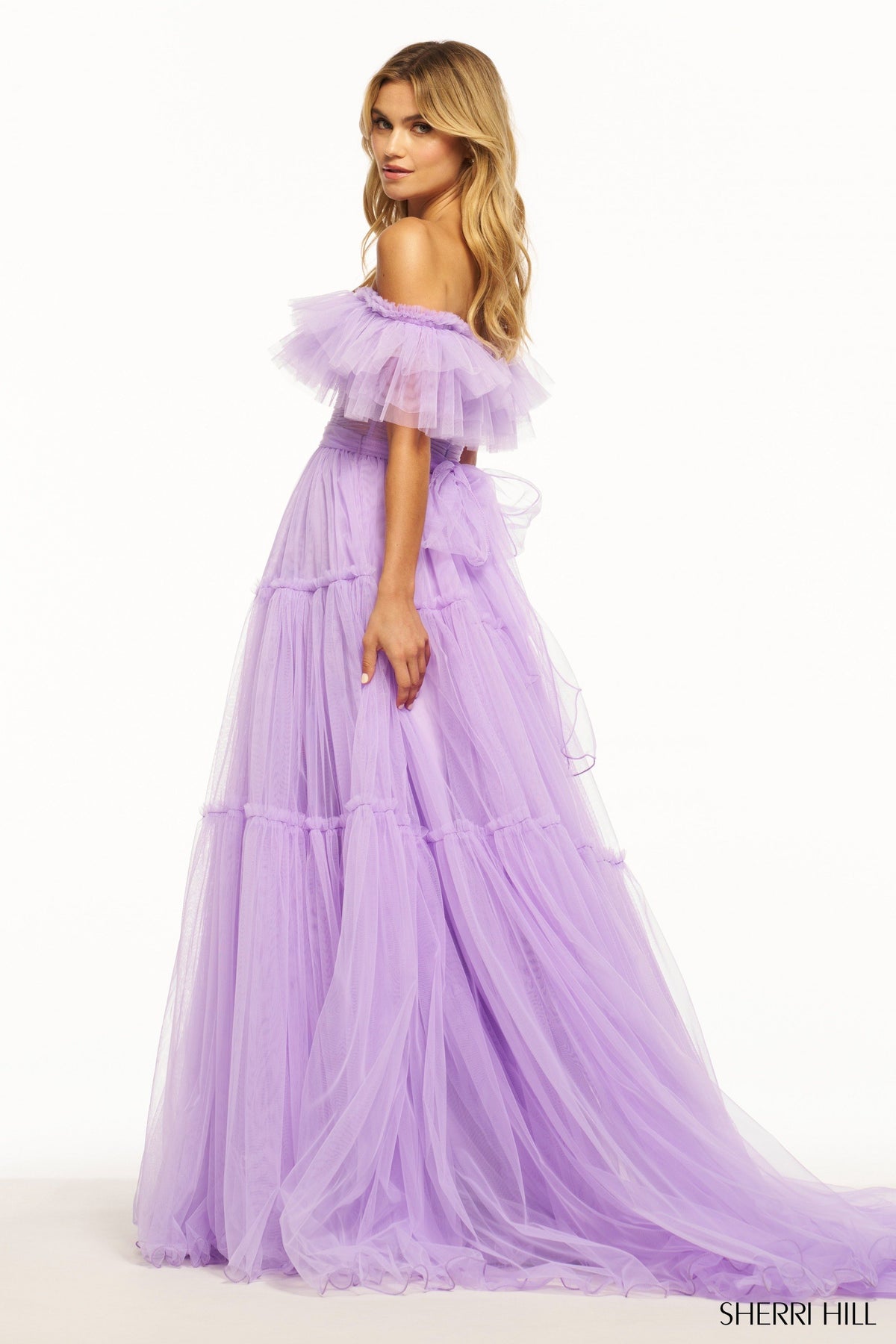 Sherri Hill 56068 tulle A-line off the shoulder gown