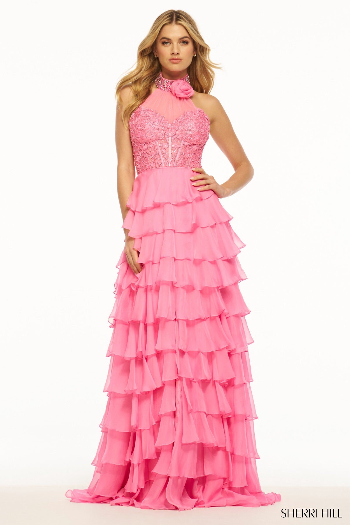 Sherri Hill 56083 leaf lace high neckline gown in bright pink