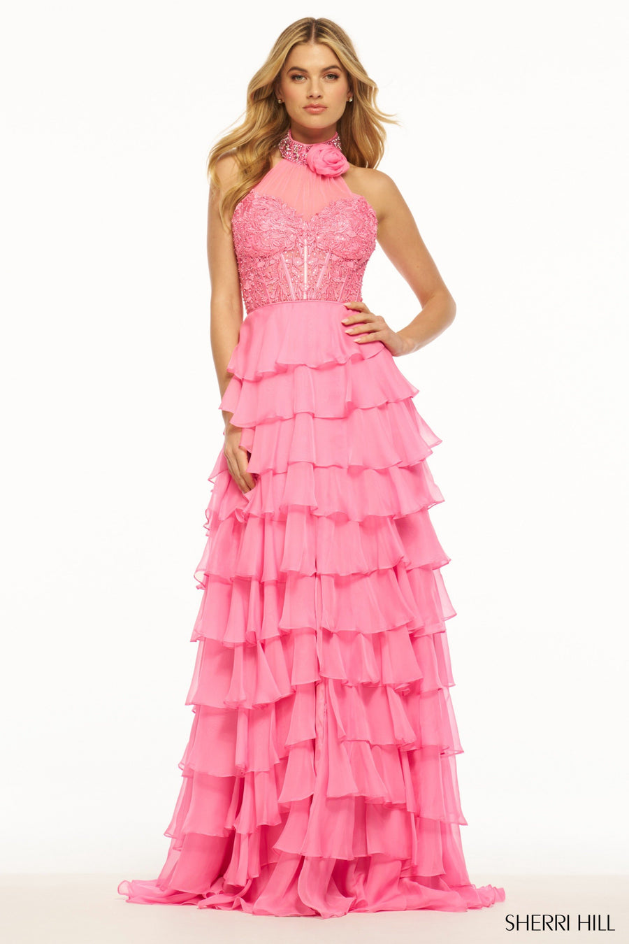Sherri Hill style 56083 in bright pink, Leaf Lace High Neckline Gown