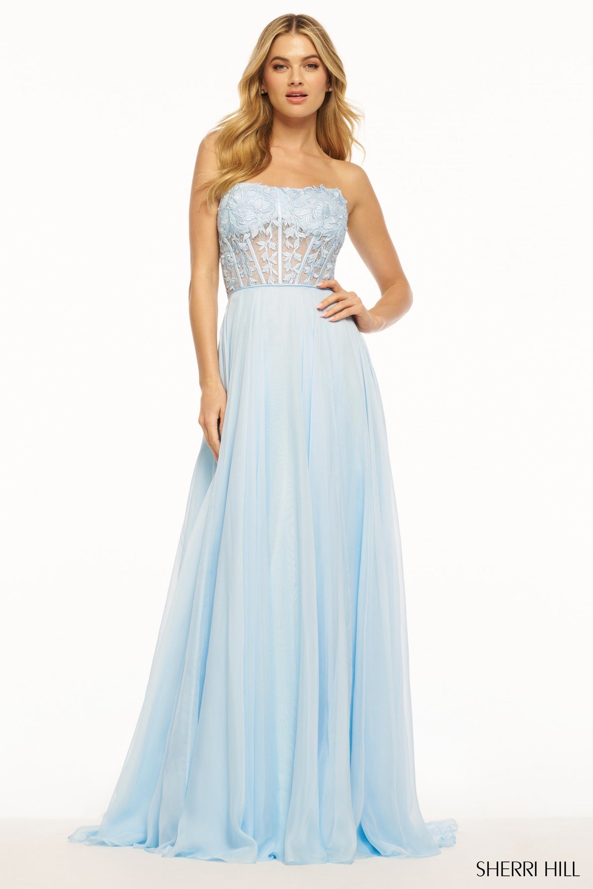 Sherri Hill 56088 strapless leaf lace corset gown in light blue