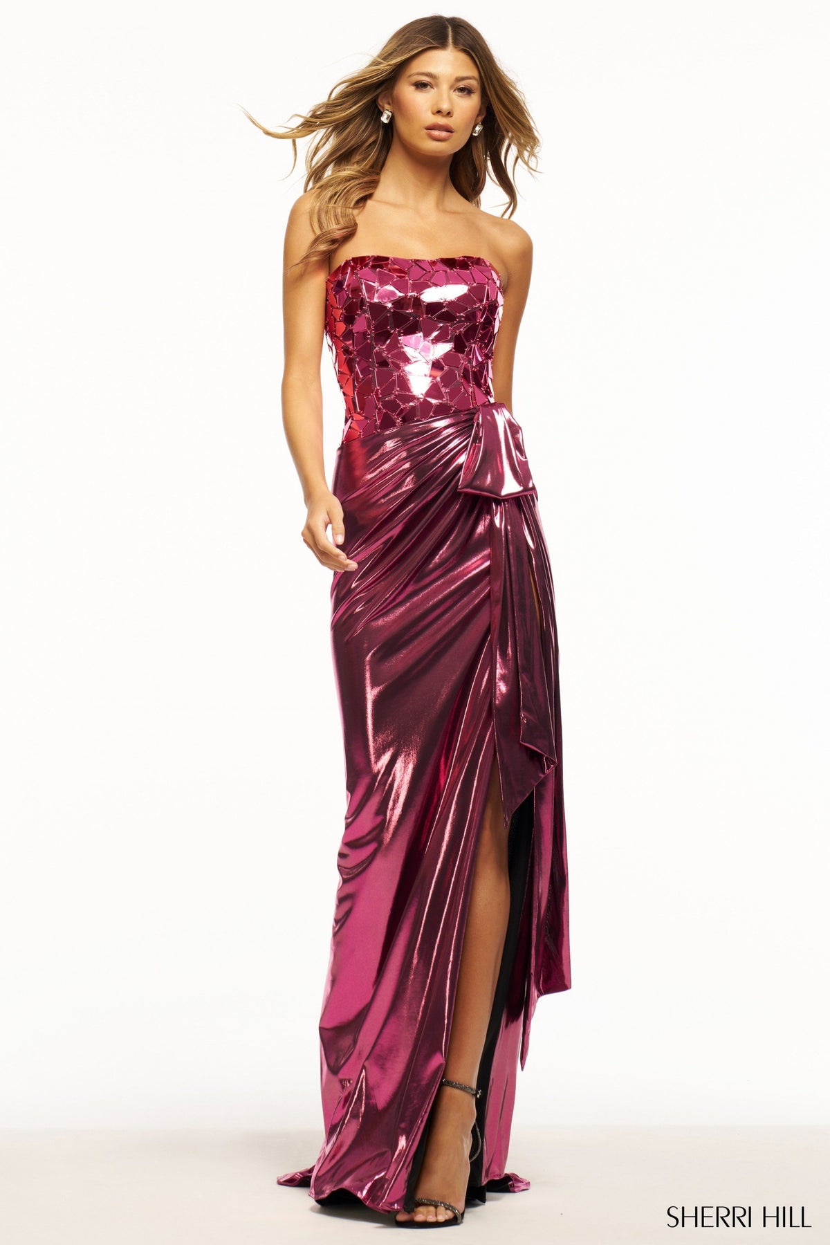 Sherri Hill 56094 strapless metallic gown in pink