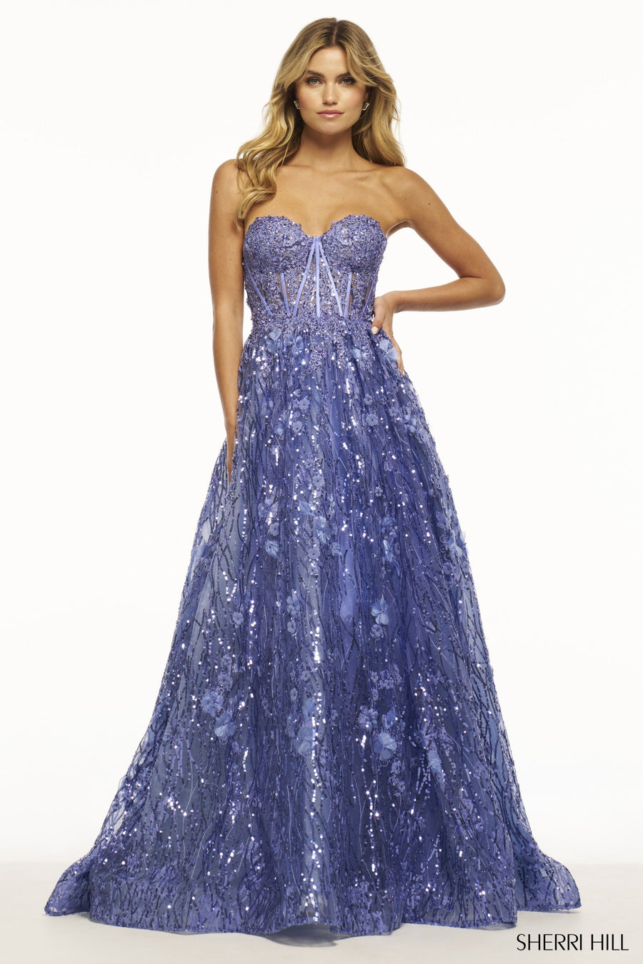 Sherri Hill style 54305 in periwinkle, Sweatheart Neckline Lace Ball Gown