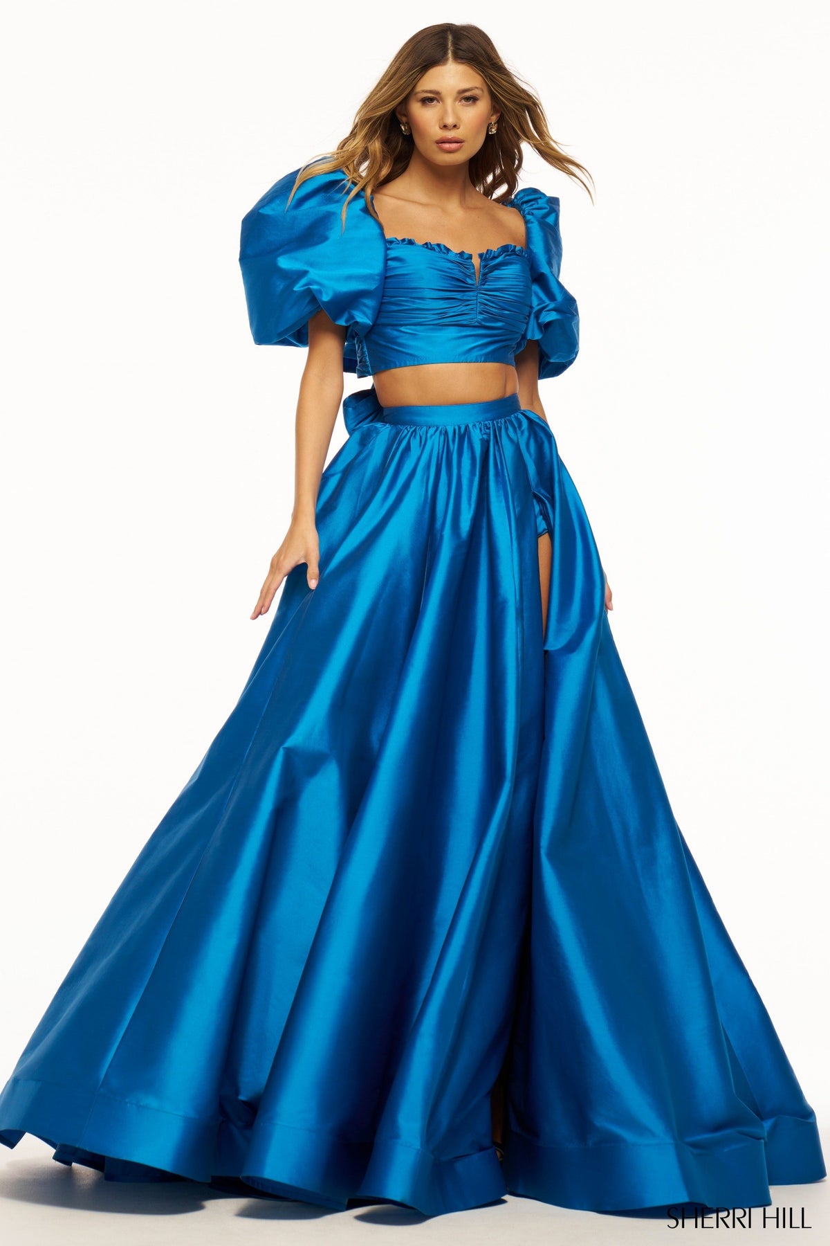 Sherri Hill 55630 two-piece taffeta gown in peacock