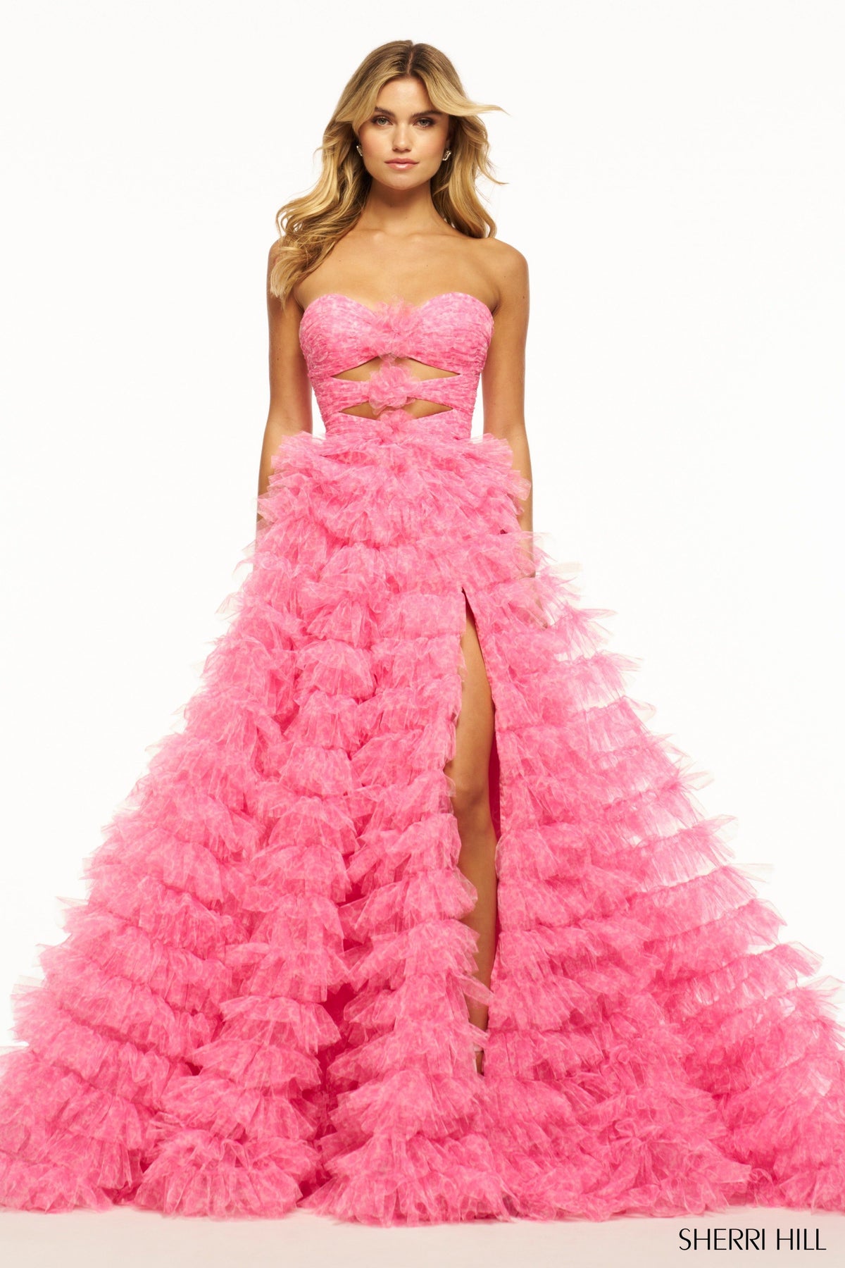 Sherri Hill 55981 strapless floral ball gown in neon pink