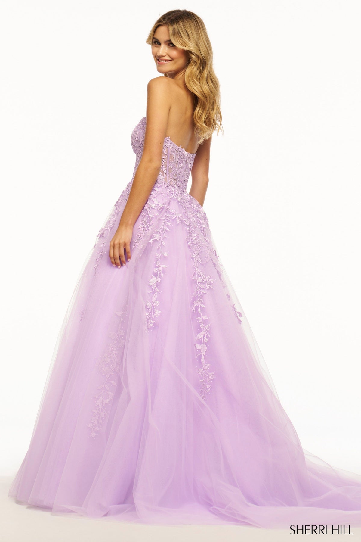 Sherri Hill 55993 strapless leaf lace ball gown