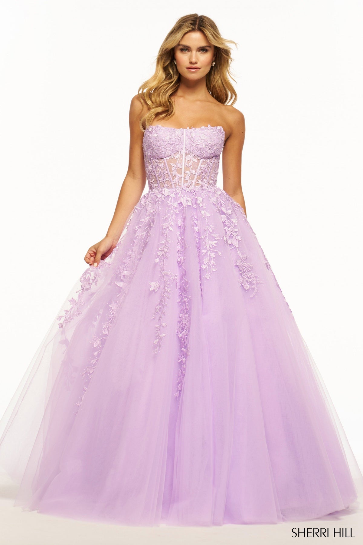 Sherri Hill 55993 strapless leaf lace ball gown in lilac