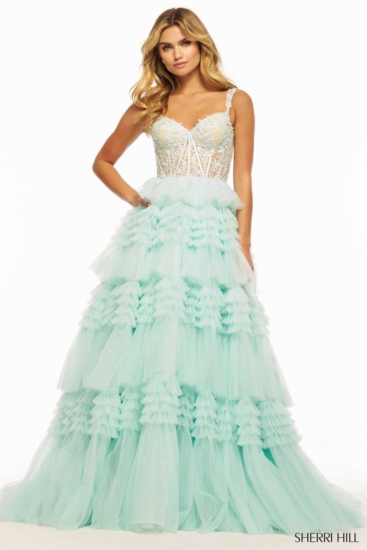 Sherri Hill 56019 tulle ruffle ballgown in light green