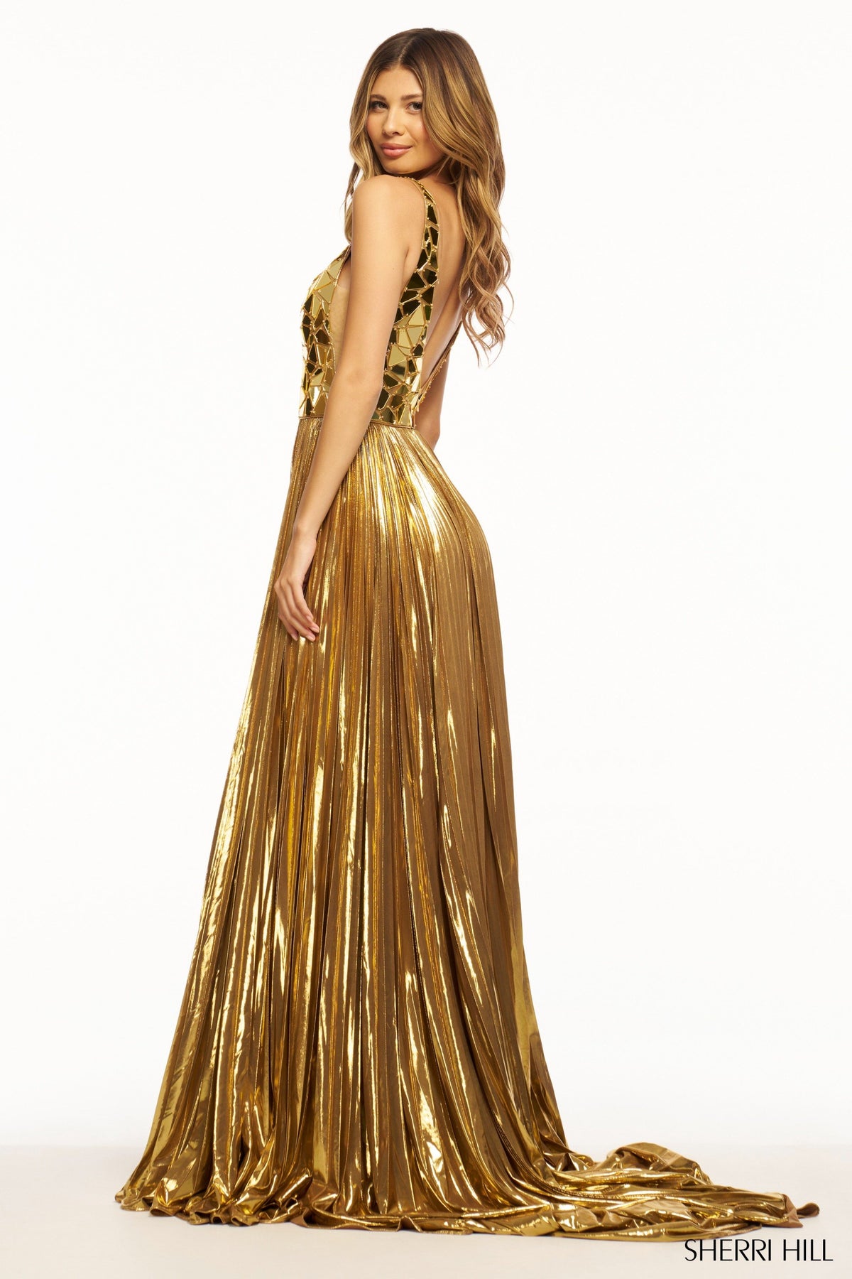 Sherri Hill 56029 metallic pleated gown