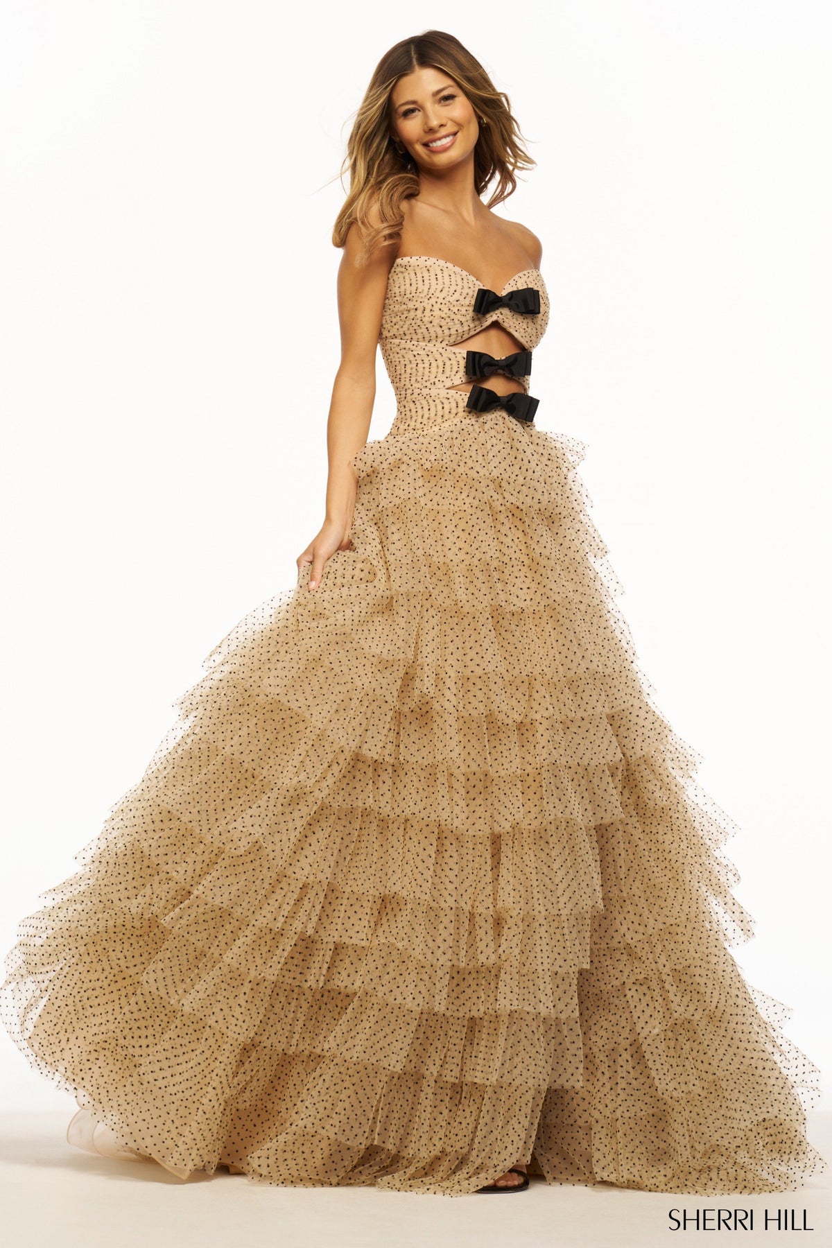 Sherri Hill 56036 strapless polka dot ball gown in nude with black