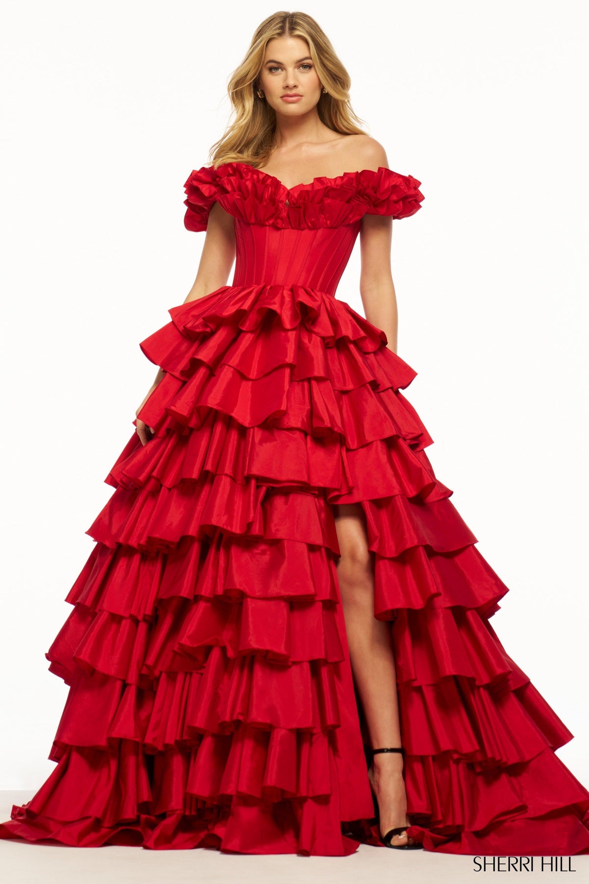 Sherri Hill 56039 taffeta ruffle off the shoulder ball gown in red