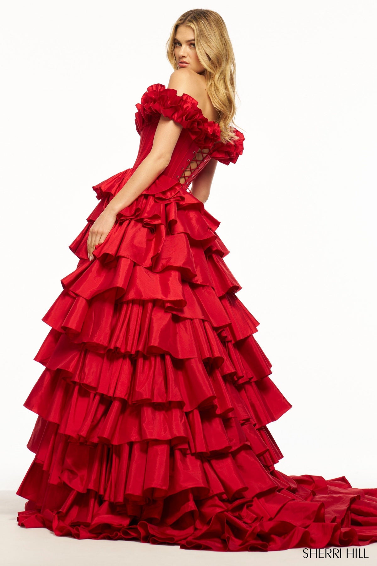 Sherri Hill 56039 taffeta ruffle off the shoulder ball gown