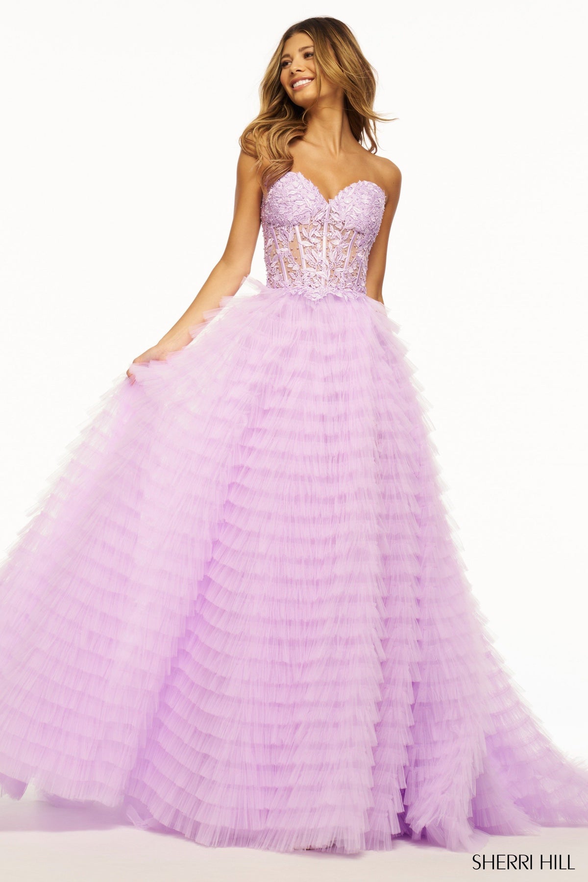 Sherri Hill 56042 strapless ballgown in lilac