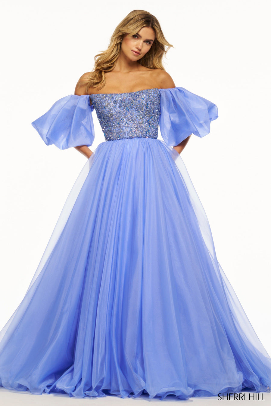Sherri Hill style 56052 in periwinkle, Organza Ball Gown
