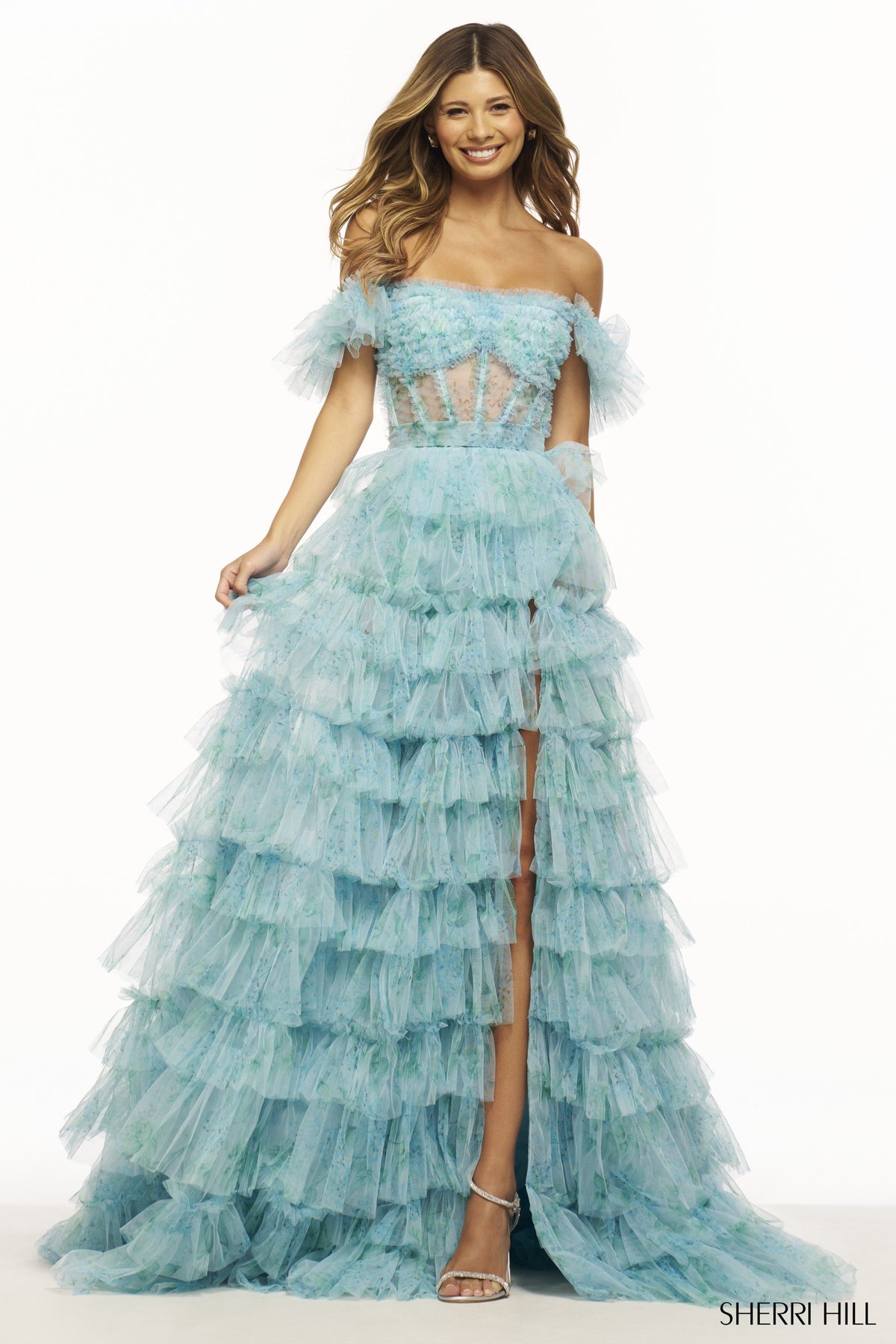 Sherri Hill 56074 tulle gown in aqua print