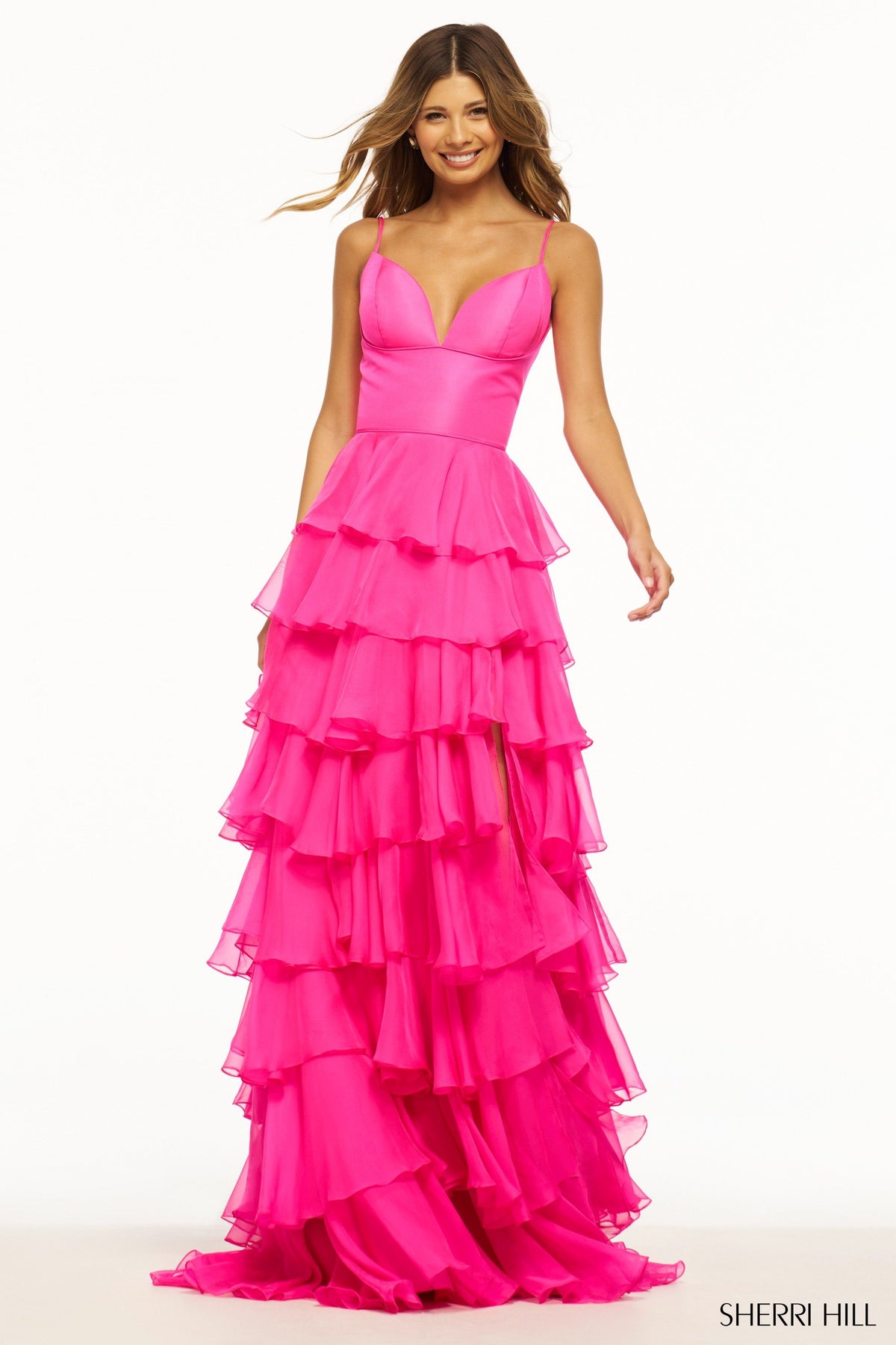Sherri Hill 56108 ruffle chiffon A-line gown in bright pink