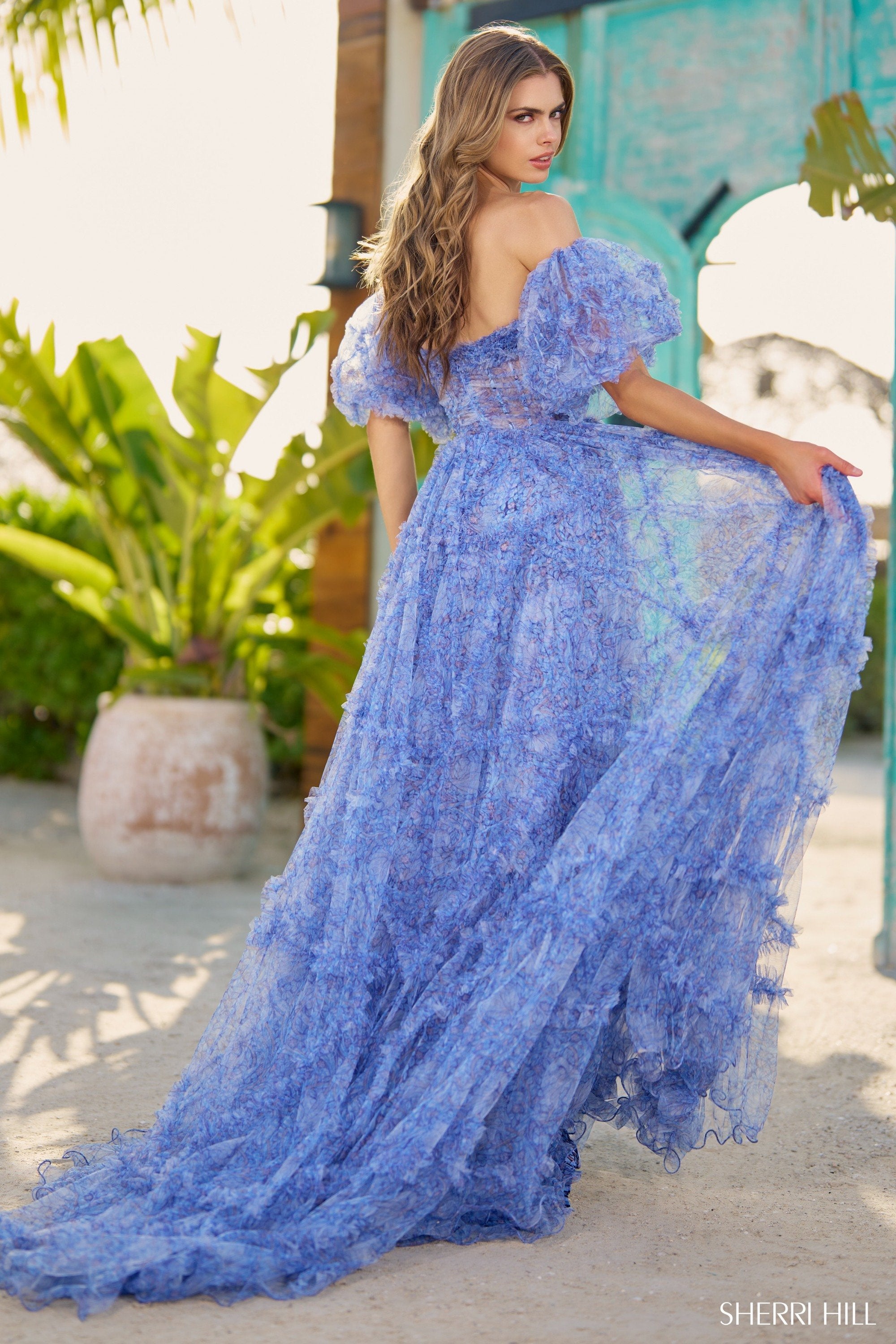 Sherri Hill 55854 | Strapless Tulle Floral Gown