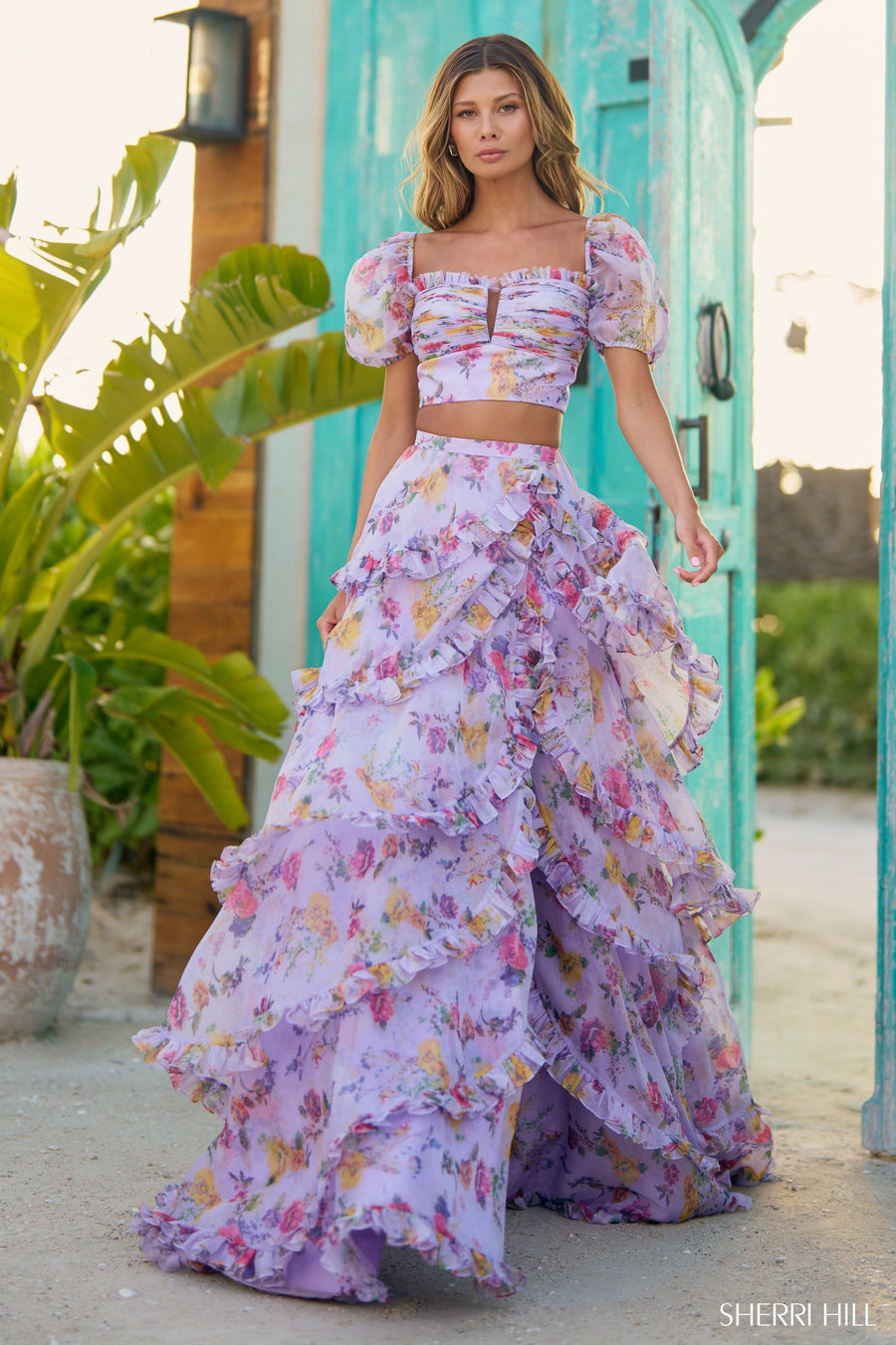 Sherri Hill style 56024 in lilac print, Two-piece Floral Chiffon Gown